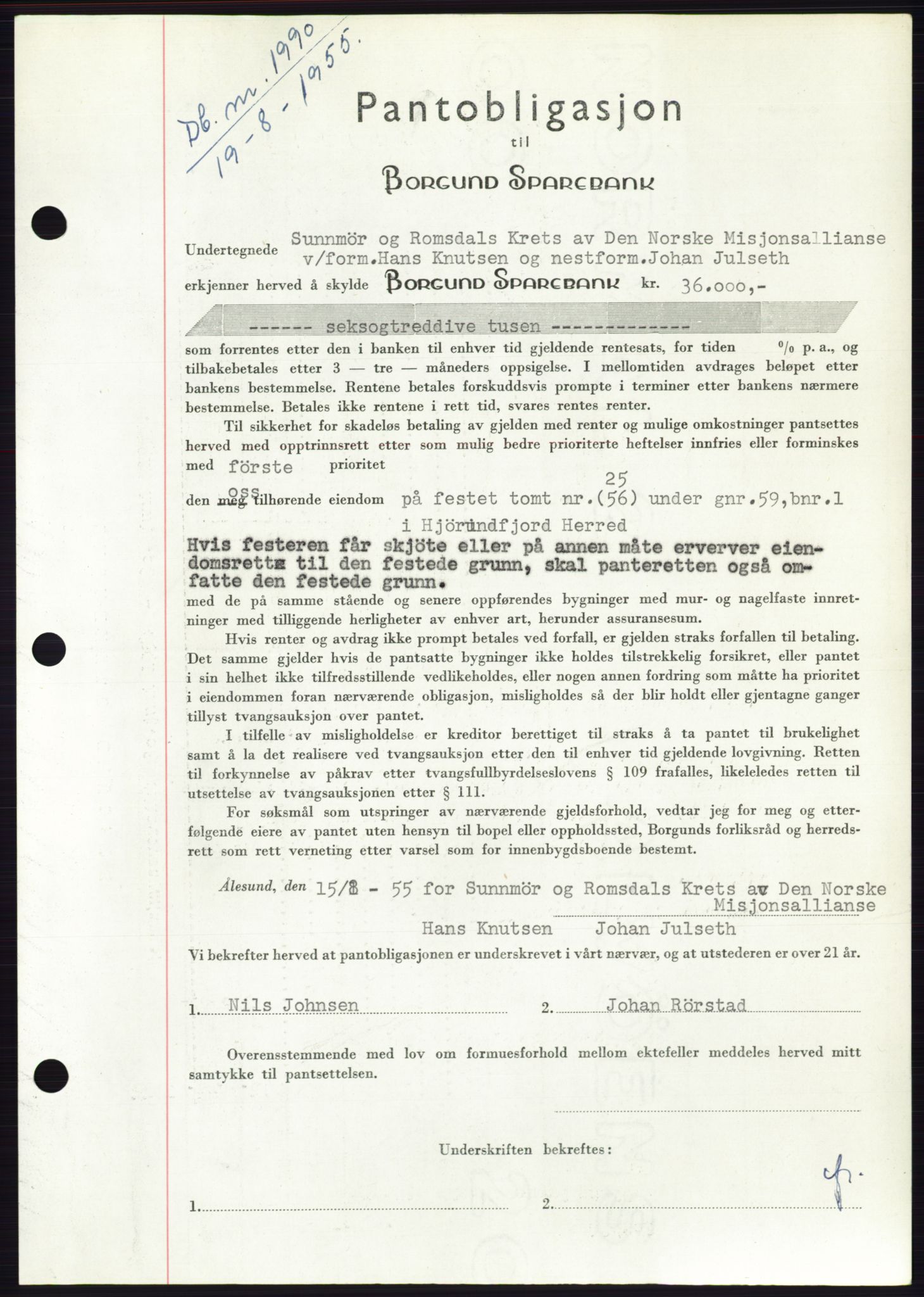 Søre Sunnmøre sorenskriveri, SAT/A-4122/1/2/2C/L0127: Pantebok nr. 15B, 1955-1955, Dagboknr: 1990/1955