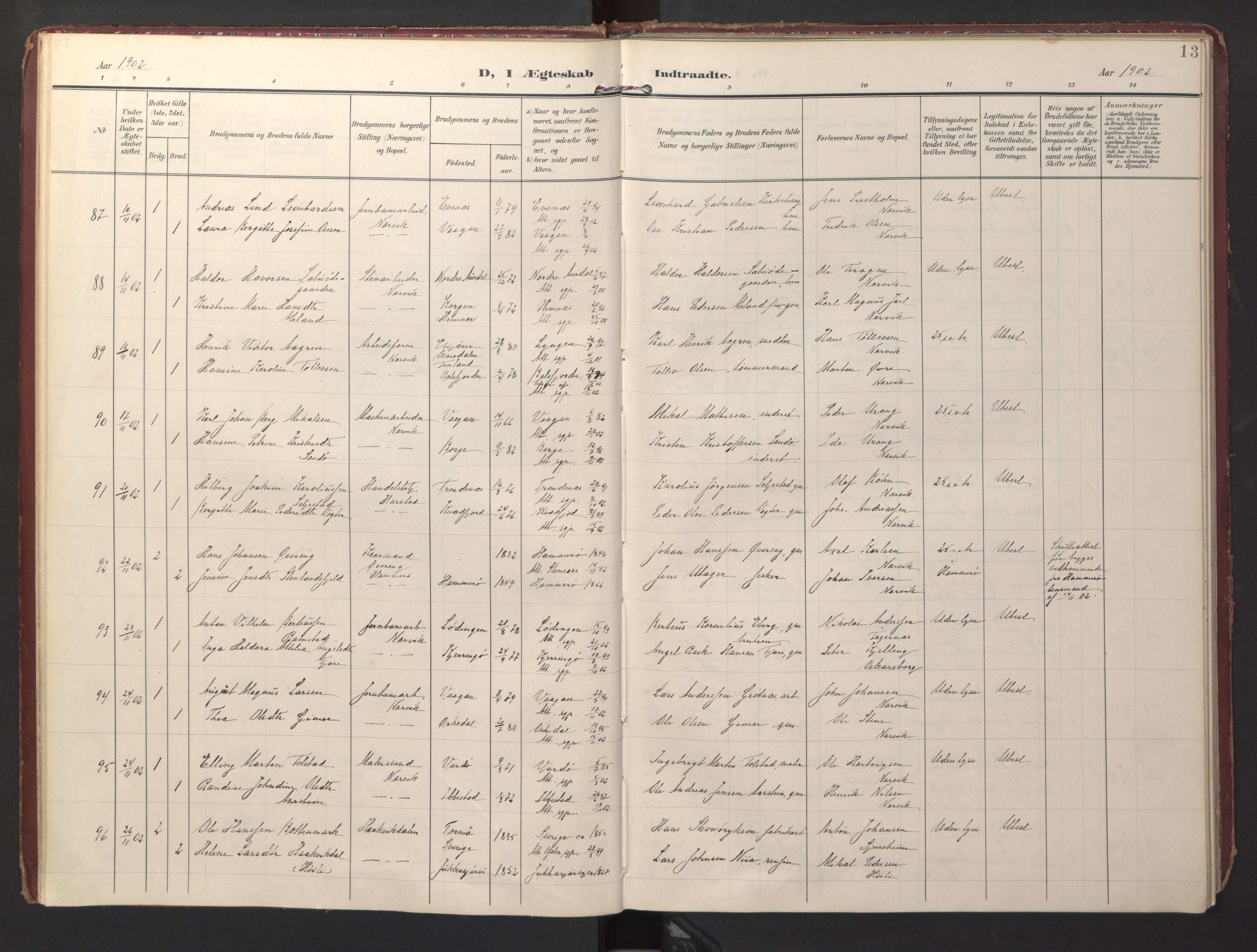 Ministerialprotokoller, klokkerbøker og fødselsregistre - Nordland, AV/SAT-A-1459/871/L0999: Ministerialbok nr. 871A15, 1902-1917, s. 13