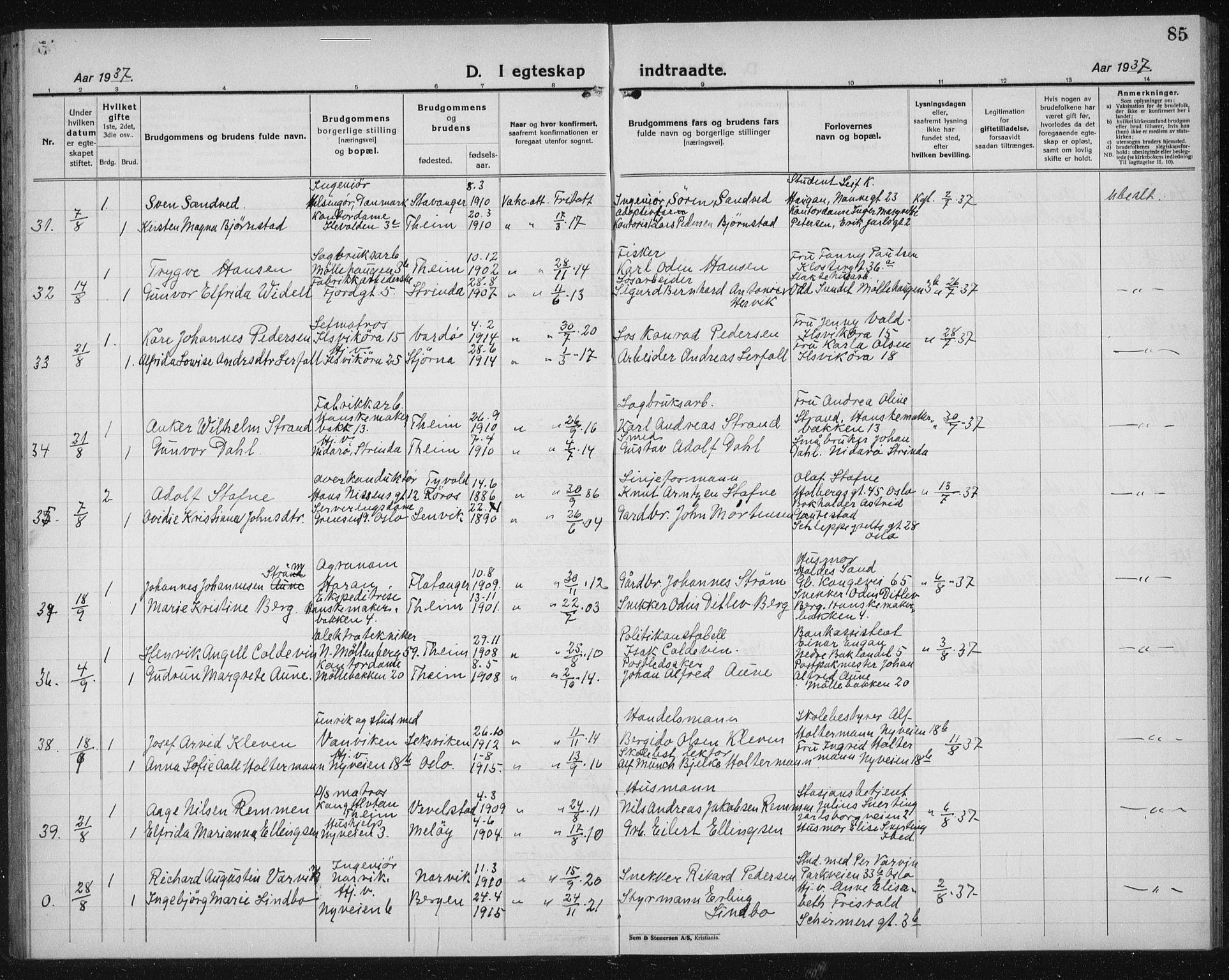 Ministerialprotokoller, klokkerbøker og fødselsregistre - Sør-Trøndelag, SAT/A-1456/603/L0176: Klokkerbok nr. 603C04, 1923-1941, s. 85
