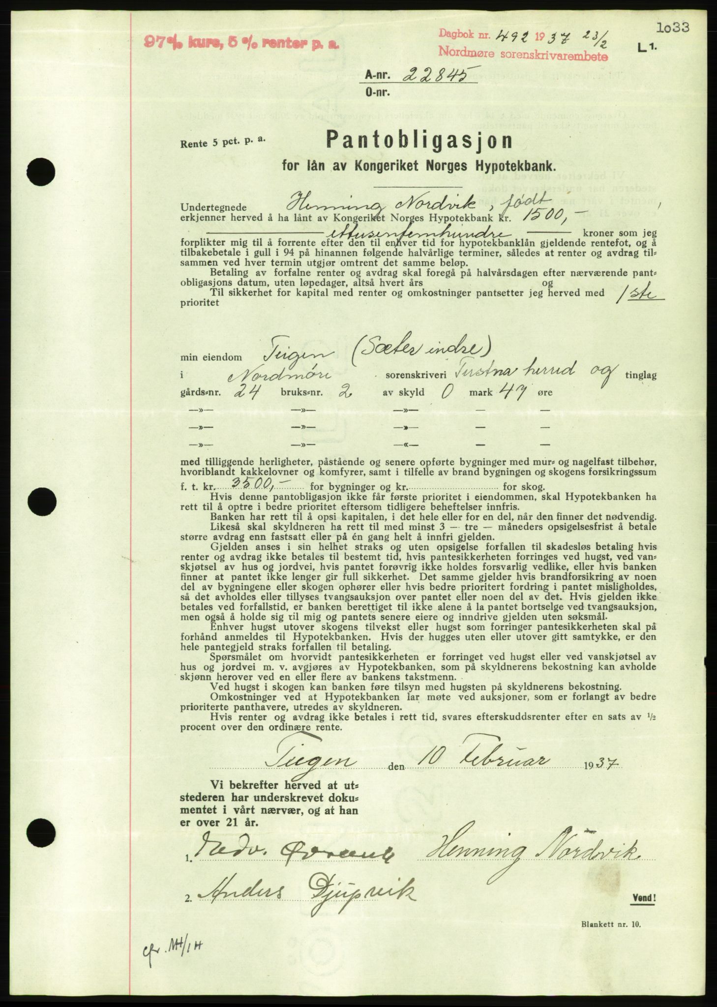 Nordmøre sorenskriveri, AV/SAT-A-4132/1/2/2Ca/L0090: Pantebok nr. B80, 1936-1937, Dagboknr: 492/1937