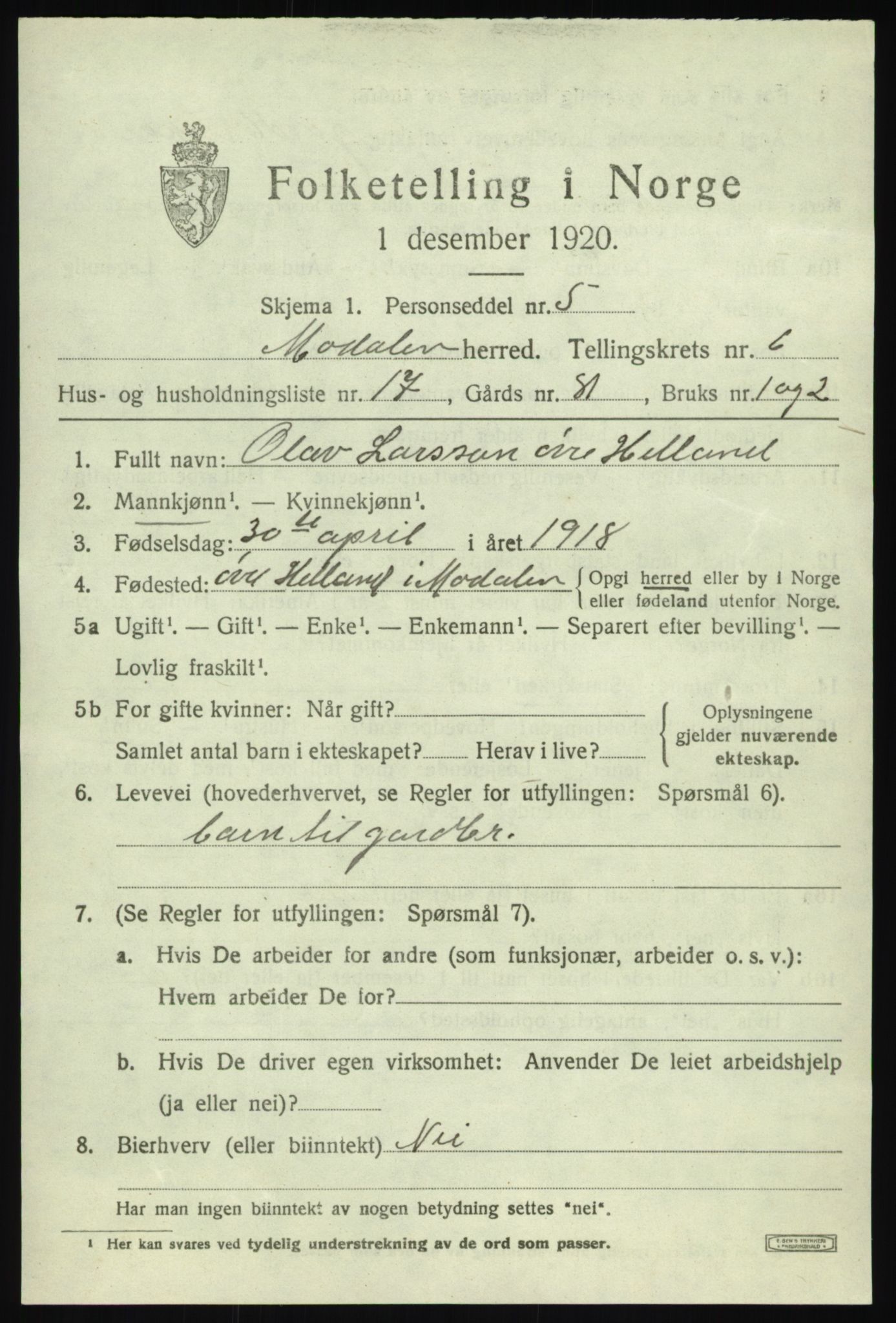 SAB, Folketelling 1920 for 1252 Modalen herred, 1920, s. 1376