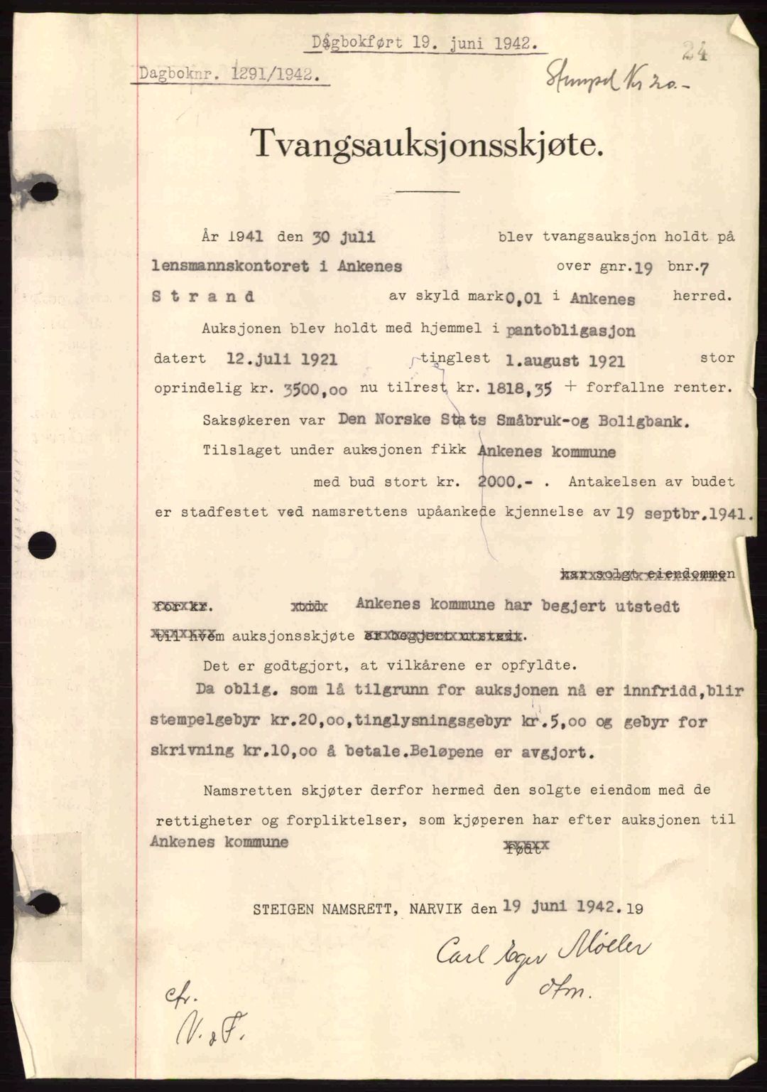Steigen og Ofoten sorenskriveri, AV/SAT-A-0030/1/2/2C: Pantebok nr. A9-12, 1942-1946, Dagboknr: 1291/1942