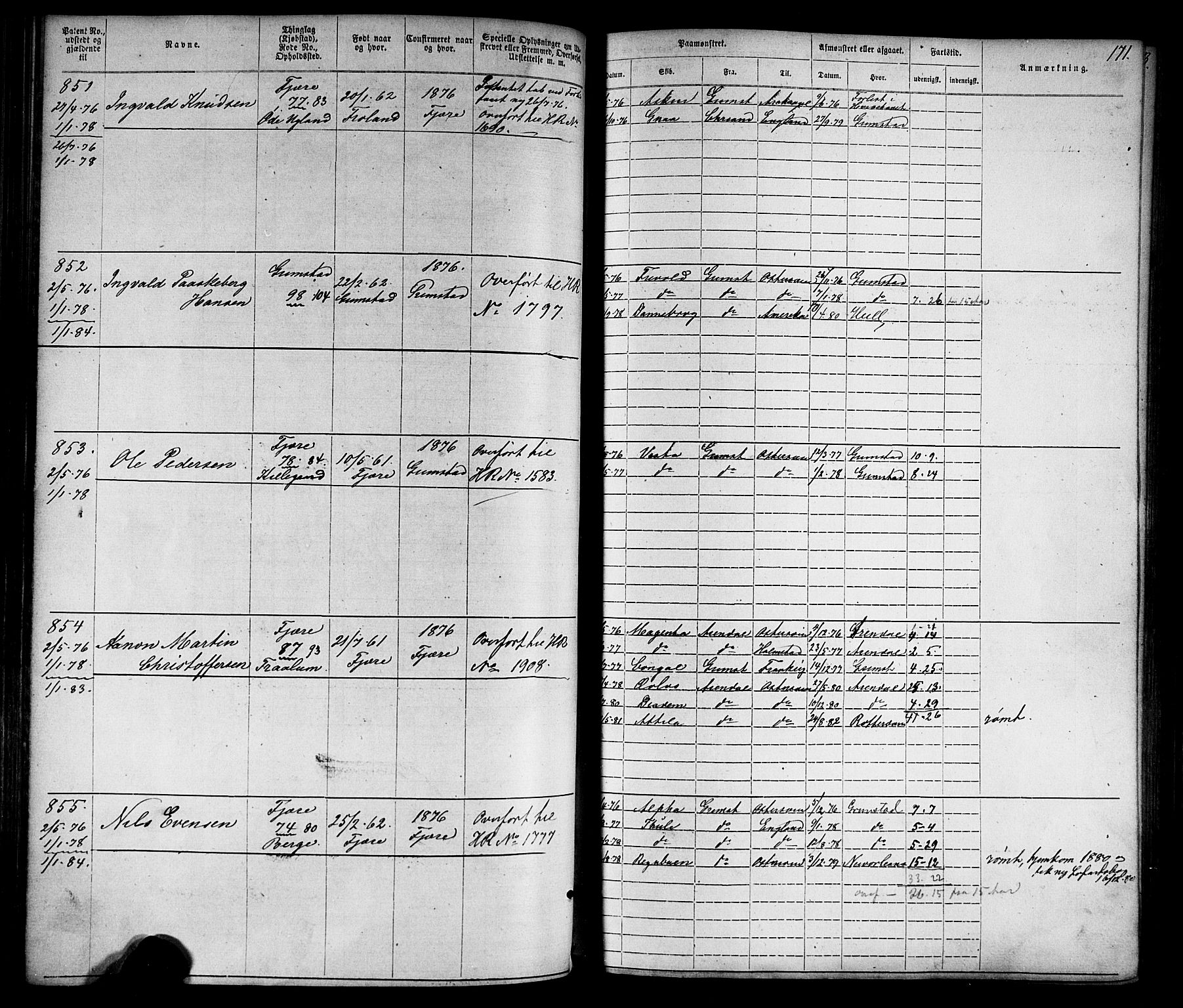 Grimstad mønstringskrets, AV/SAK-2031-0013/F/Fa/L0005: Annotasjonsrulle nr 1-1910 med register, V-18, 1870-1892, s. 200