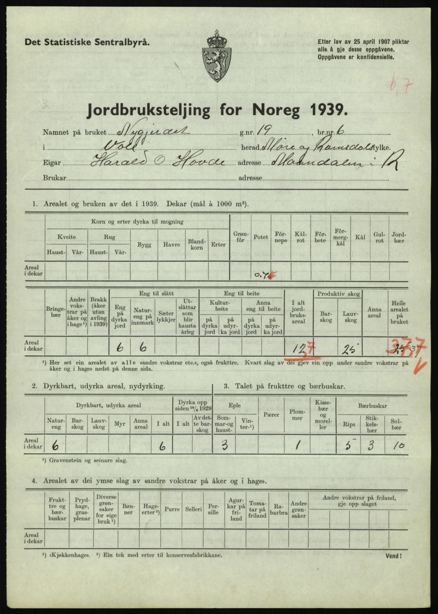 Statistisk sentralbyrå, Næringsøkonomiske emner, Jordbruk, skogbruk, jakt, fiske og fangst, AV/RA-S-2234/G/Gb/L0251: Møre og Romsdal: Voll, Eid, Grytten og Hen, 1939, s. 95