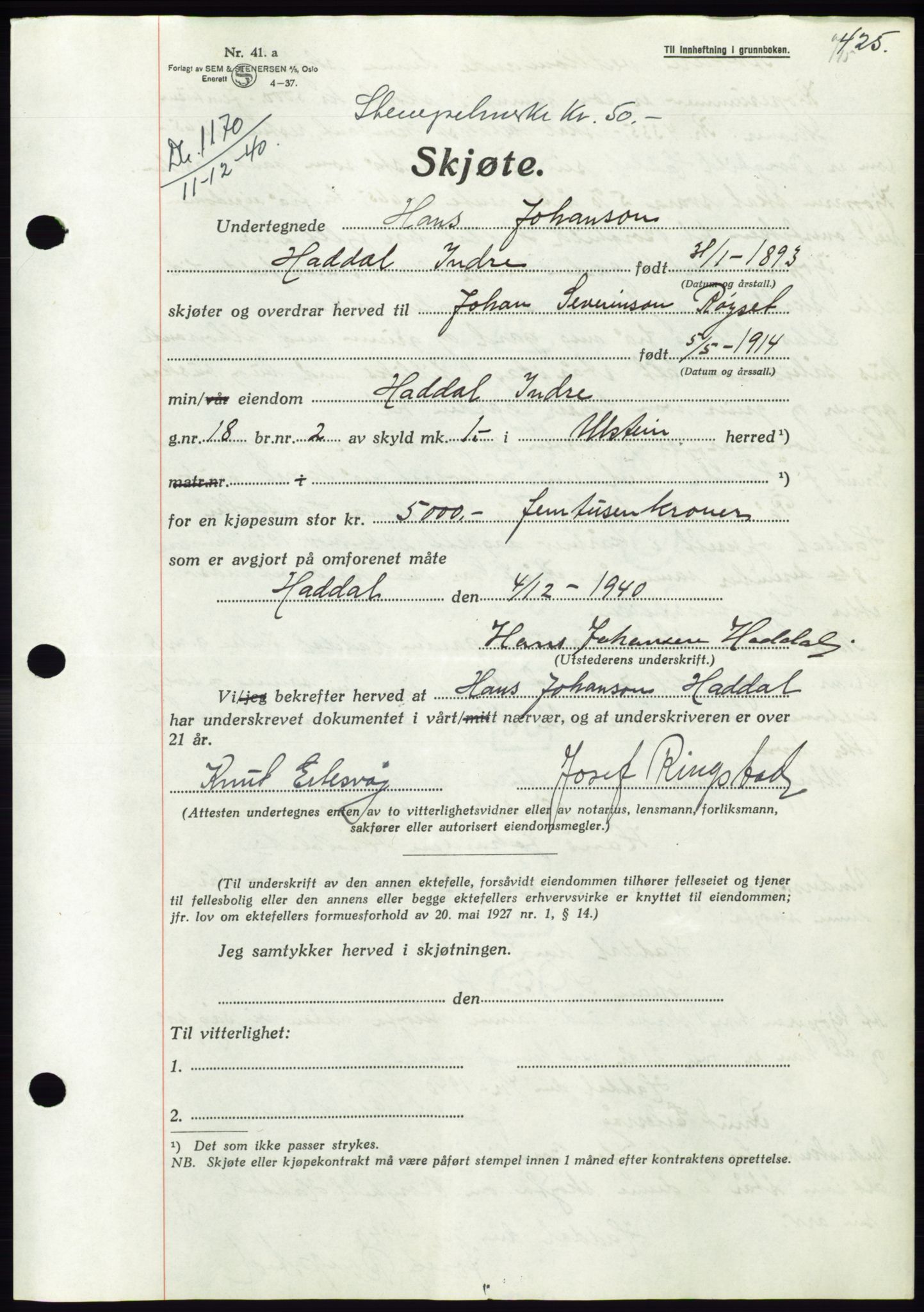 Søre Sunnmøre sorenskriveri, AV/SAT-A-4122/1/2/2C/L0070: Pantebok nr. 64, 1940-1941, Dagboknr: 1070/1940