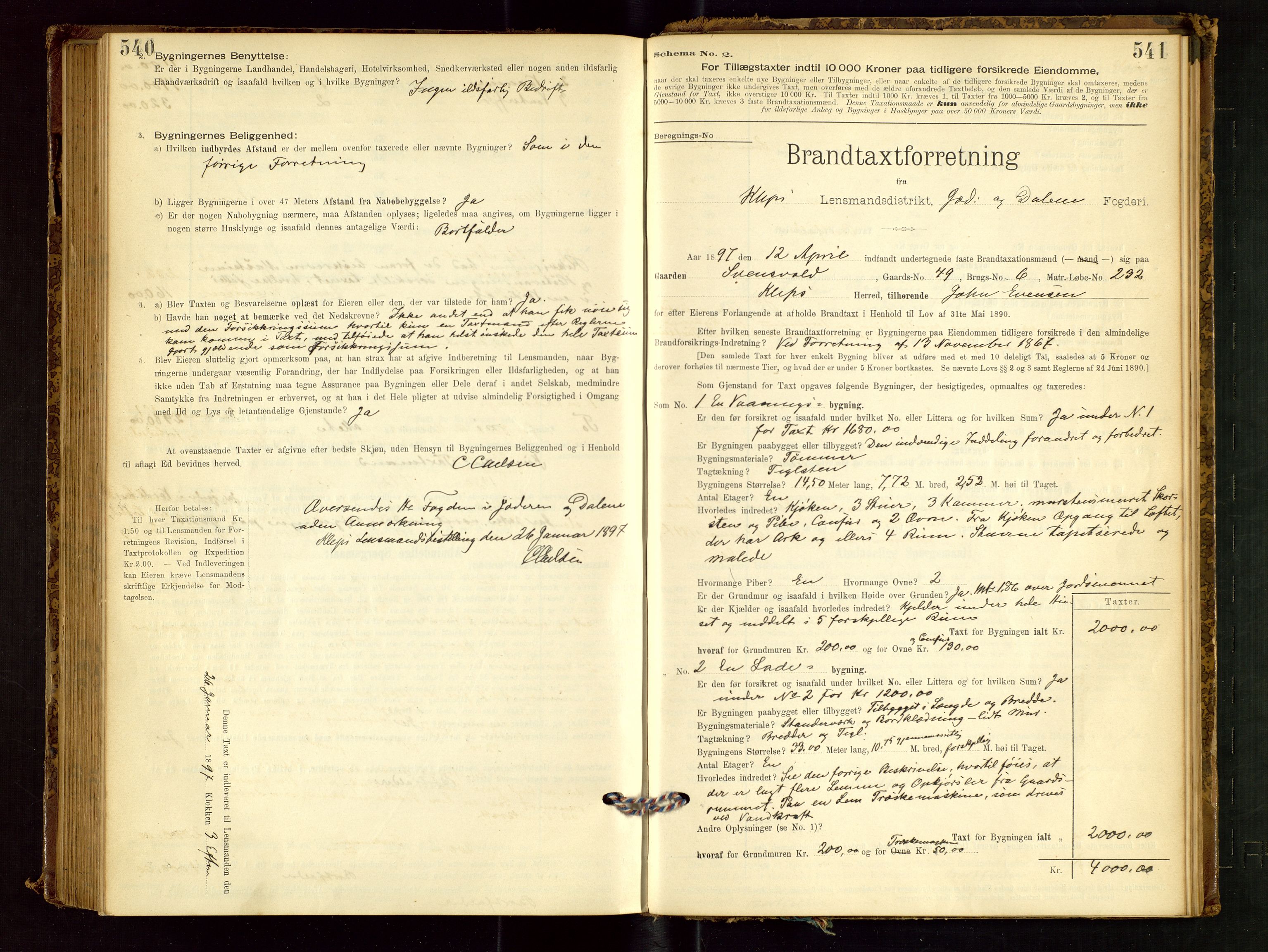 Klepp lensmannskontor, AV/SAST-A-100163/Goc/L0001: "Brandtaxationsprotokol" m/register, 1895-1898, s. 540-541