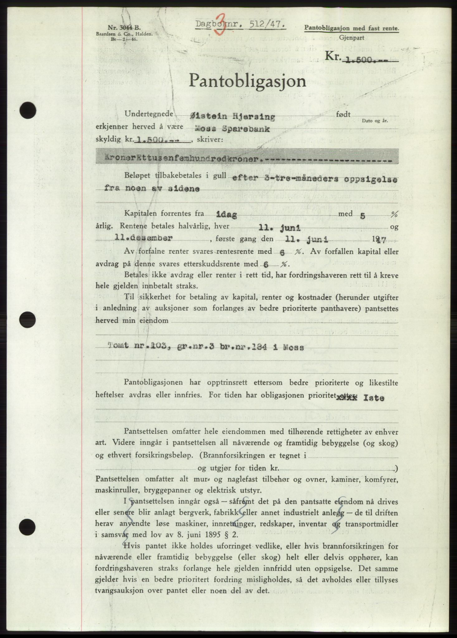 Moss sorenskriveri, SAO/A-10168: Pantebok nr. B16, 1946-1947, Dagboknr: 512/1947