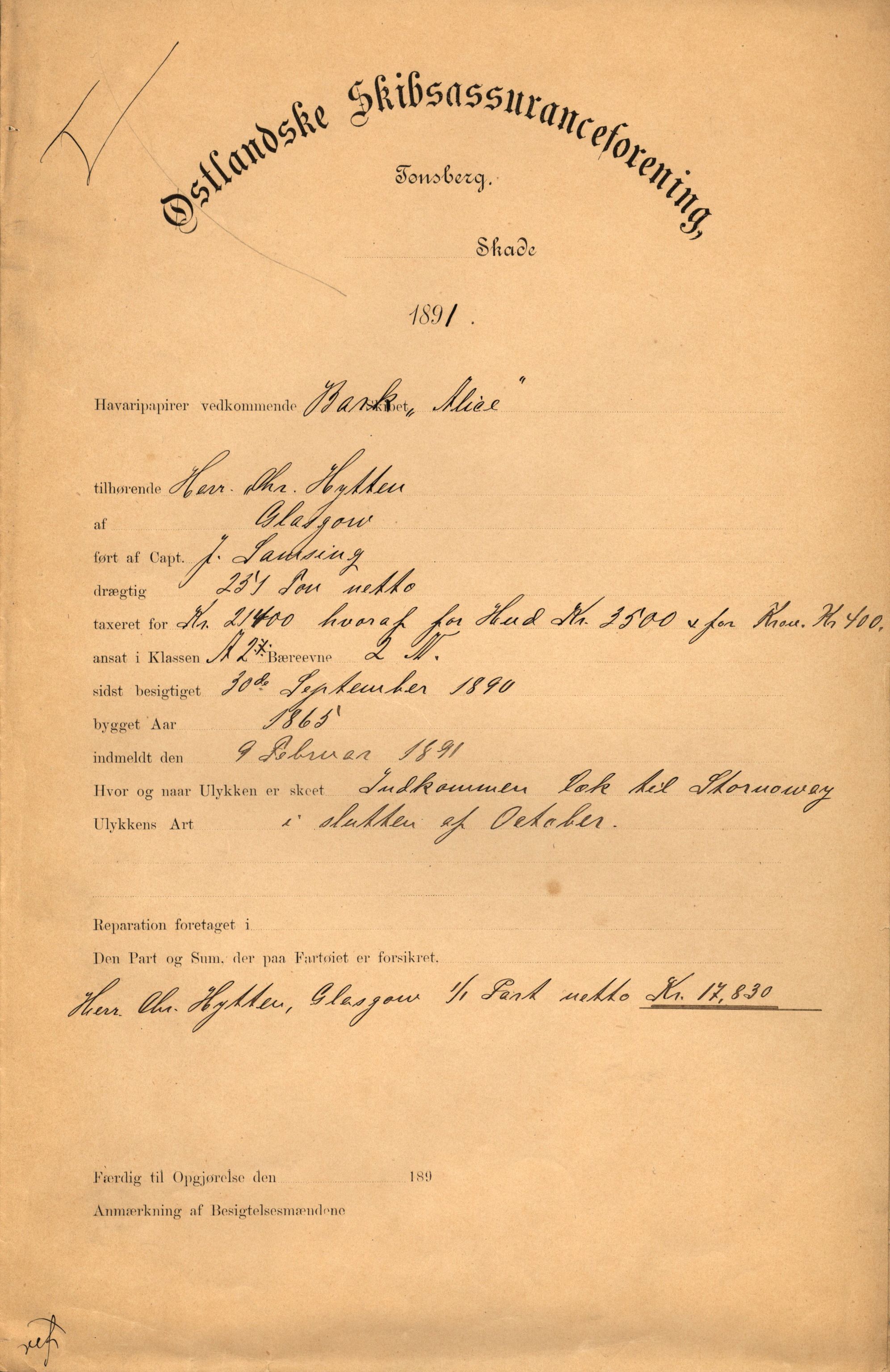 Pa 63 - Østlandske skibsassuranceforening, VEMU/A-1079/G/Ga/L0027/0009: Havaridokumenter / Activ av Sandefjord, Alice, Alexandra, Aleyon, Wido, 1891, s. 6