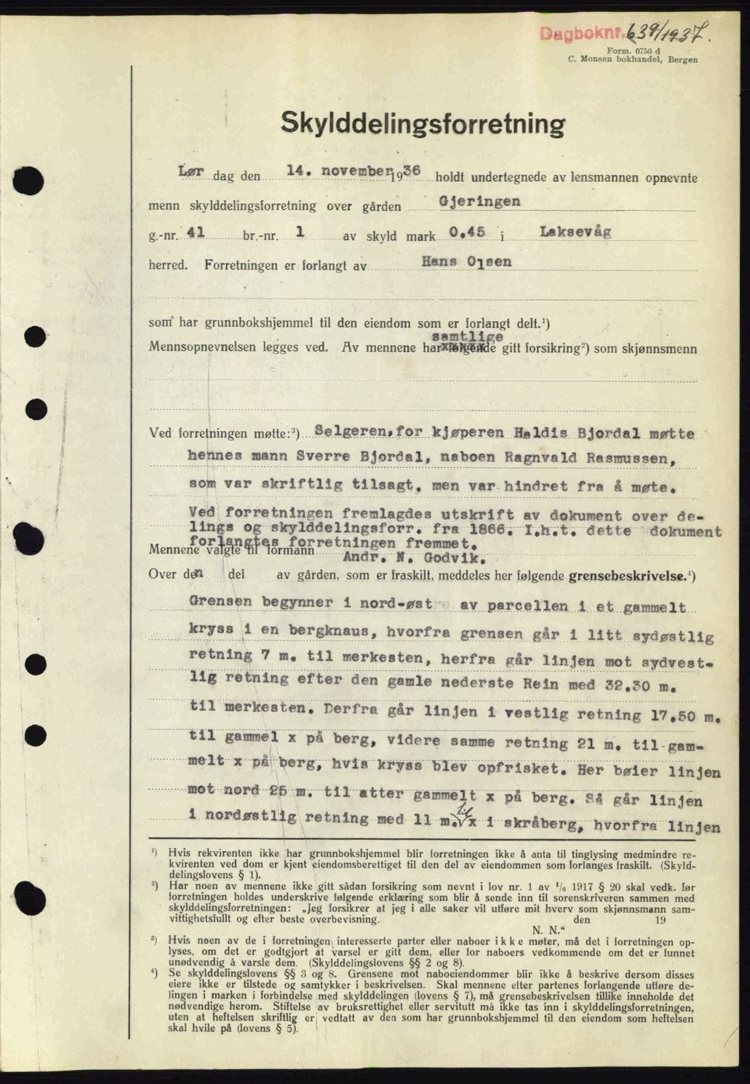 Midhordland sorenskriveri, SAB/A-3001/1/G/Gb/Gbk/L0001: Pantebok nr. A1-6, 1936-1937, Dagboknr: 639/1937