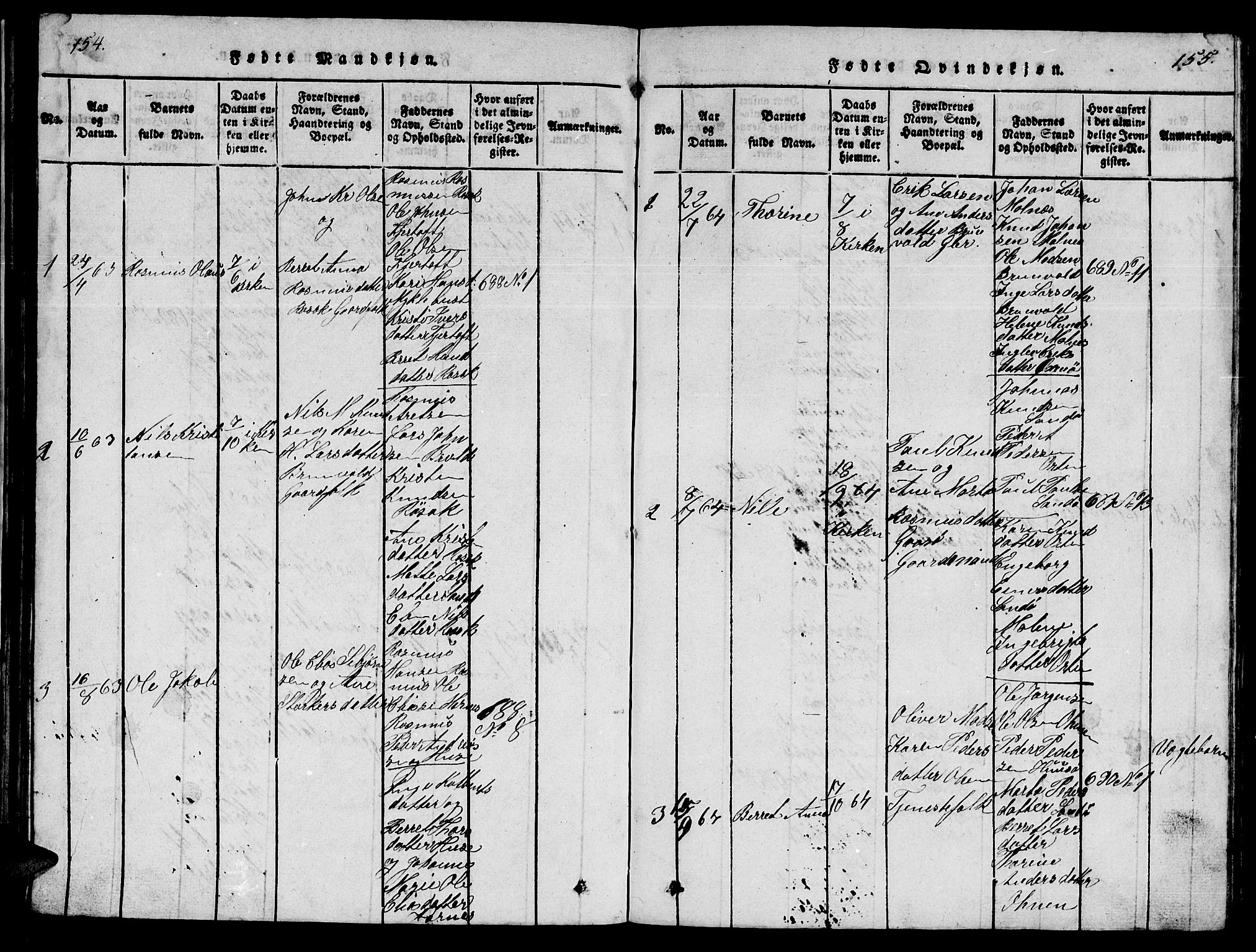 Ministerialprotokoller, klokkerbøker og fødselsregistre - Møre og Romsdal, AV/SAT-A-1454/561/L0731: Klokkerbok nr. 561C01, 1817-1867, s. 154-155