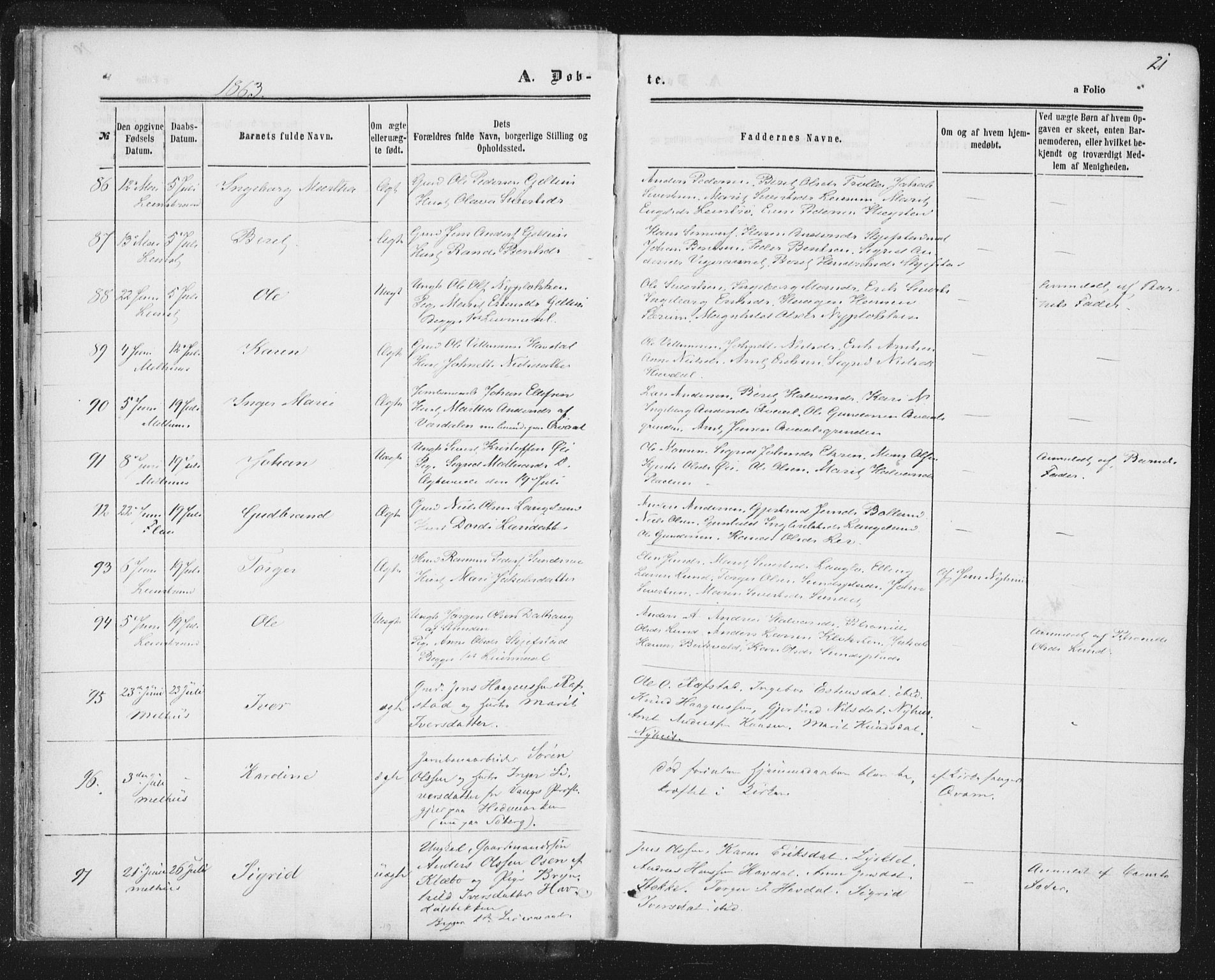Ministerialprotokoller, klokkerbøker og fødselsregistre - Sør-Trøndelag, SAT/A-1456/691/L1077: Ministerialbok nr. 691A09, 1862-1873, s. 21