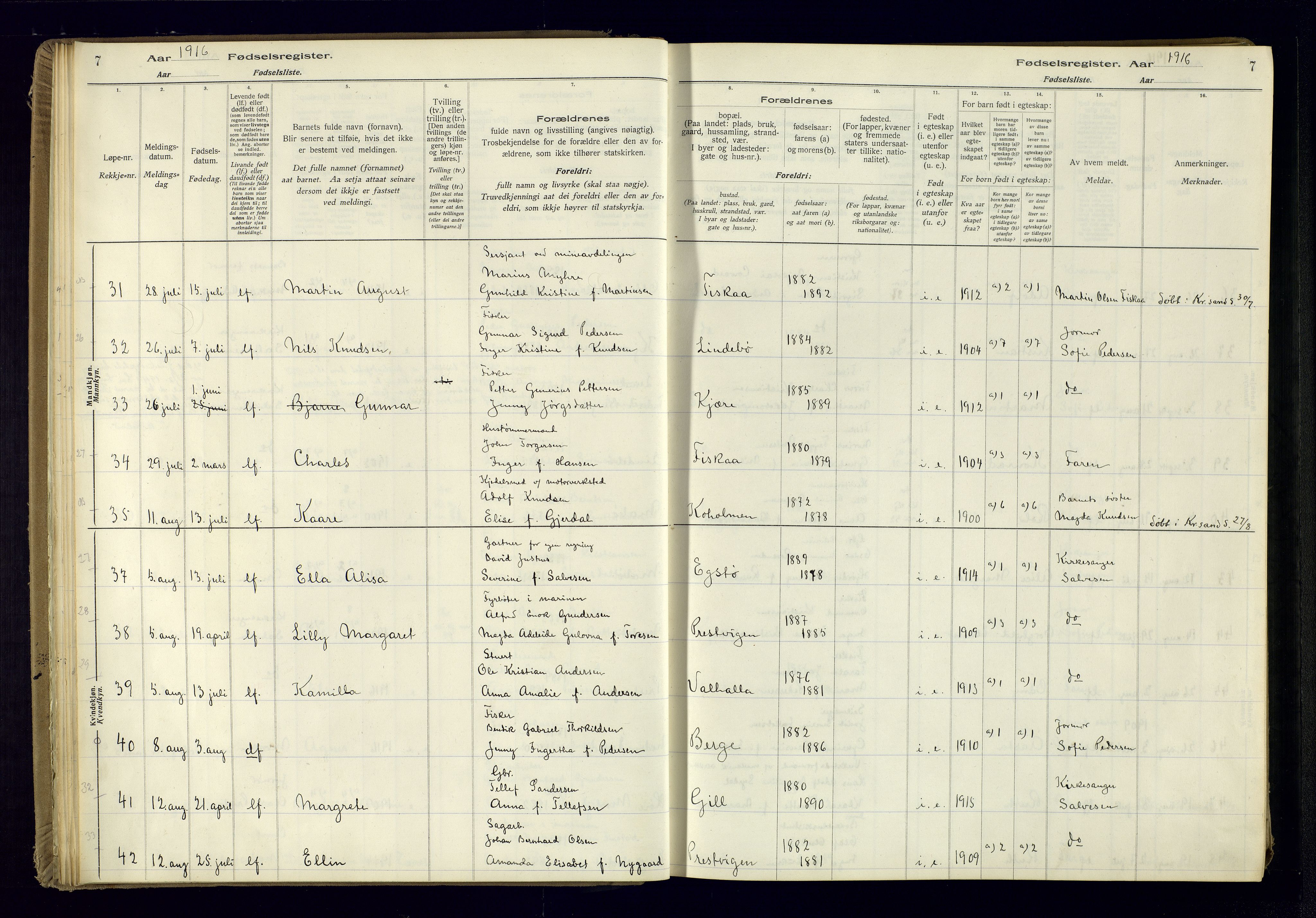 Oddernes sokneprestkontor, AV/SAK-1111-0033/J/Ja/L0001: Fødselsregister nr. 1, 1916-1935, s. 7