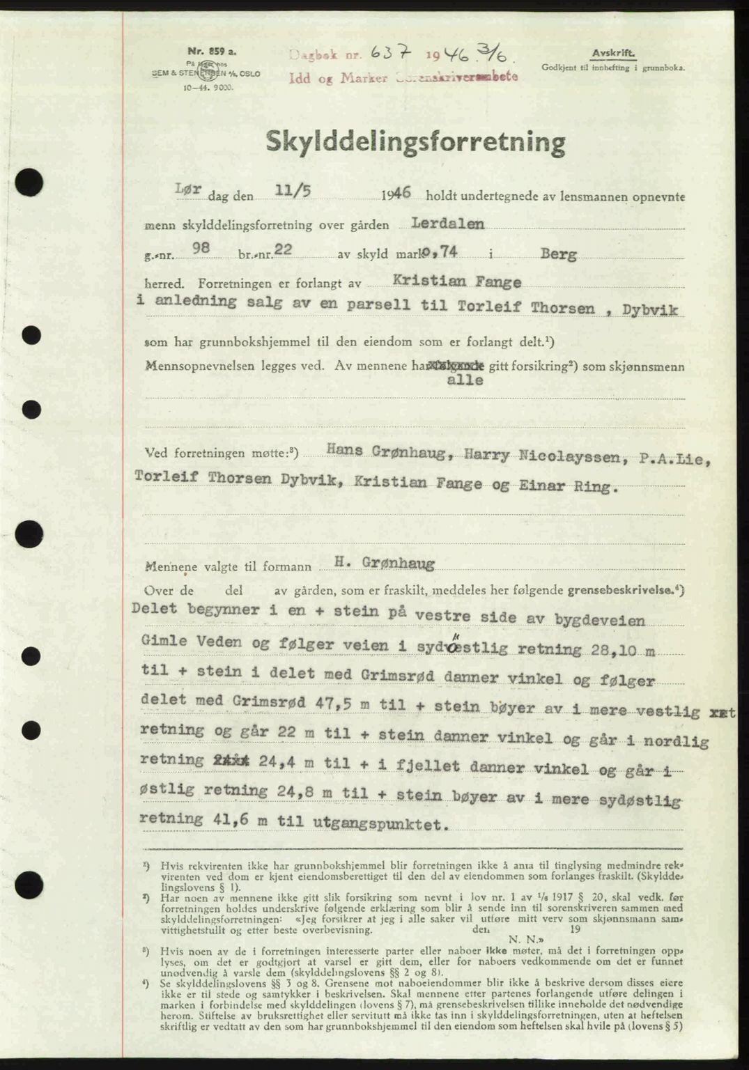 Idd og Marker sorenskriveri, SAO/A-10283/G/Gb/Gbb/L0008: Pantebok nr. A8, 1946-1946, Dagboknr: 637/1946