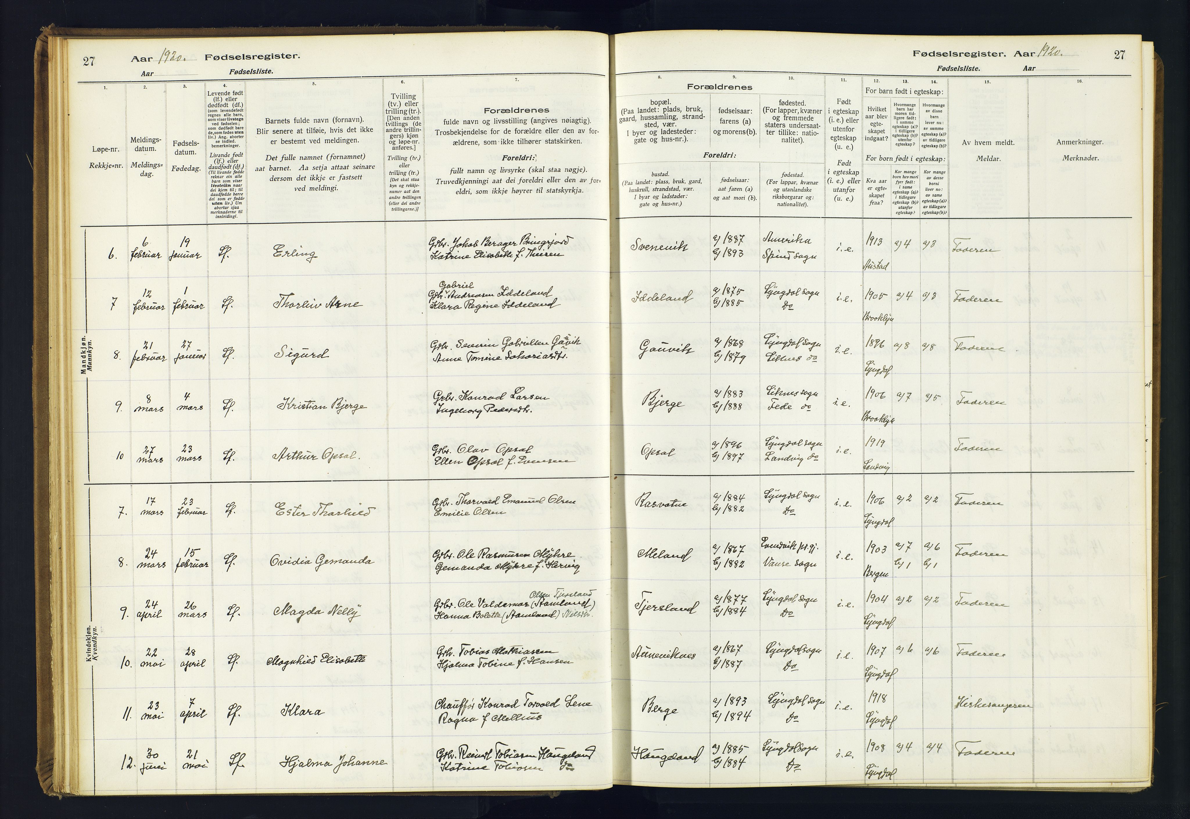 Lyngdal sokneprestkontor, AV/SAK-1111-0029/J/Ja/L0001: Fødselsregister nr. A-VI-26, 1916-1951, s. 27