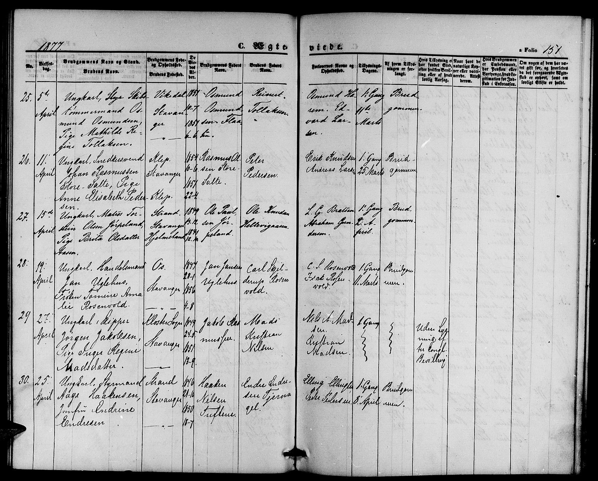 St. Petri sokneprestkontor, AV/SAST-A-101813/001/30/30BB/L0002: Klokkerbok nr. B 2, 1865-1885, s. 151