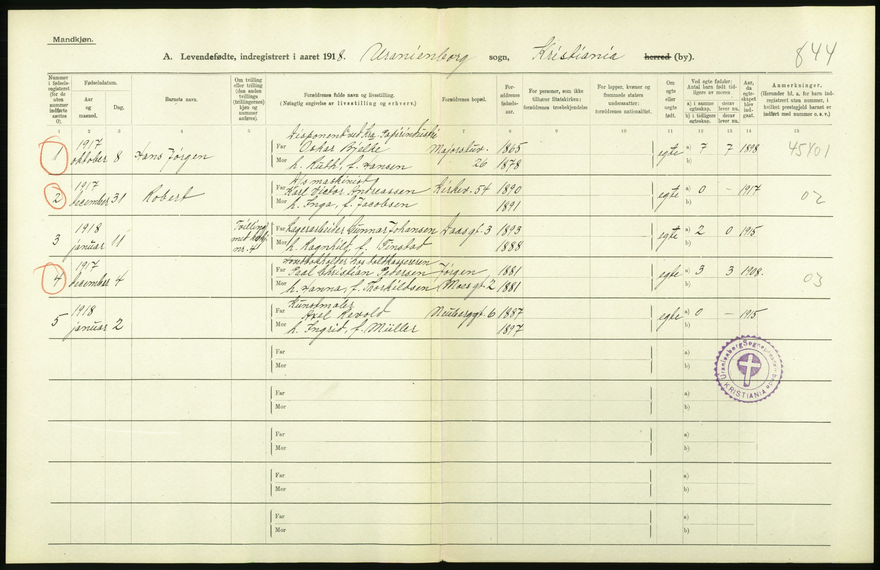 Statistisk sentralbyrå, Sosiodemografiske emner, Befolkning, AV/RA-S-2228/D/Df/Dfb/Dfbh/L0008: Kristiania: Levendefødte menn og kvinner., 1918, s. 146