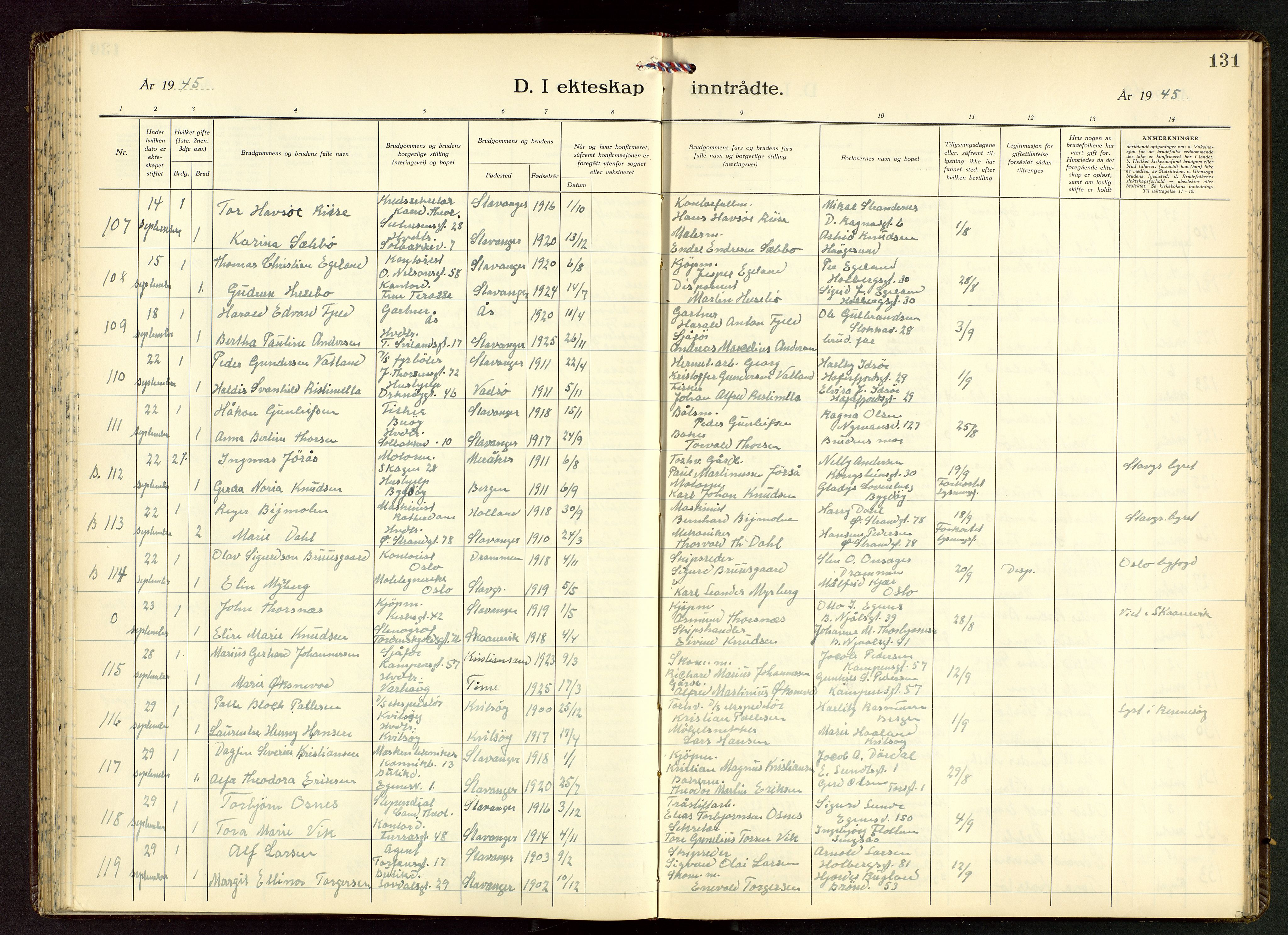 Domkirken sokneprestkontor, AV/SAST-A-101812/001/30/30BB/L0022: Klokkerbok nr. B 22, 1937-1949, s. 131