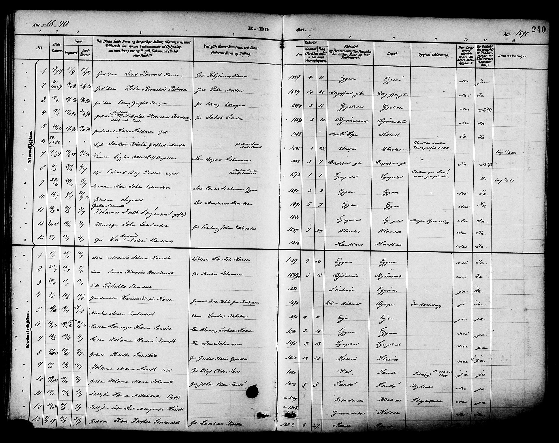 Ministerialprotokoller, klokkerbøker og fødselsregistre - Nordland, SAT/A-1459/880/L1133: Ministerialbok nr. 880A07, 1888-1898, s. 240