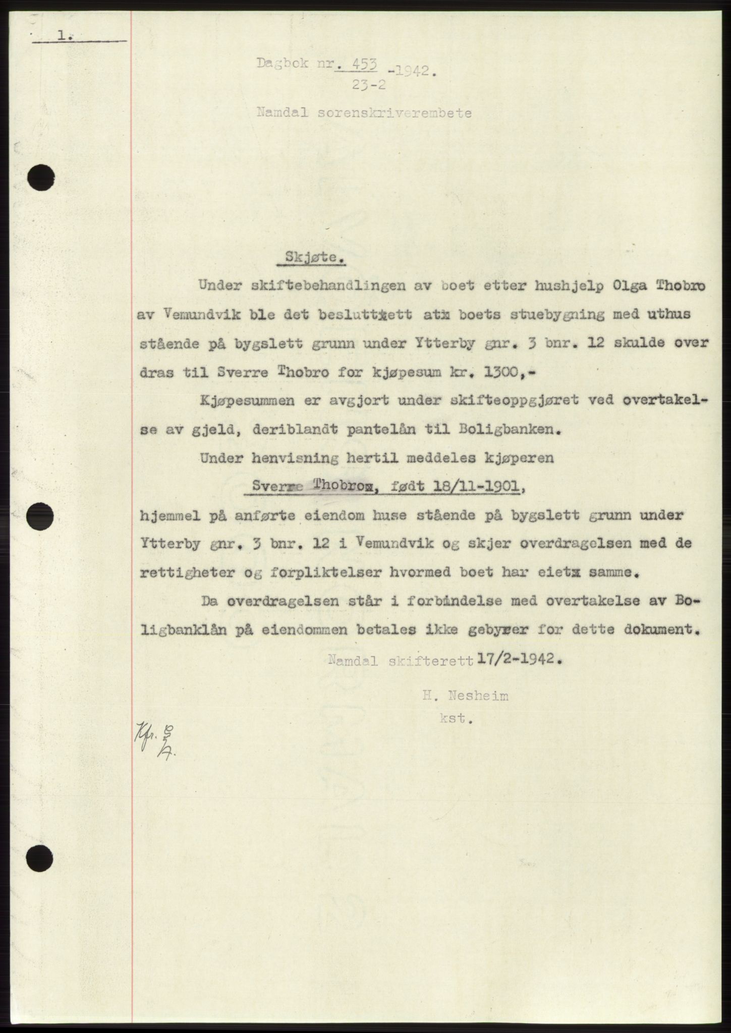 Namdal sorenskriveri, SAT/A-4133/1/2/2C: Pantebok nr. -, 1941-1942, Dagboknr: 453/1942