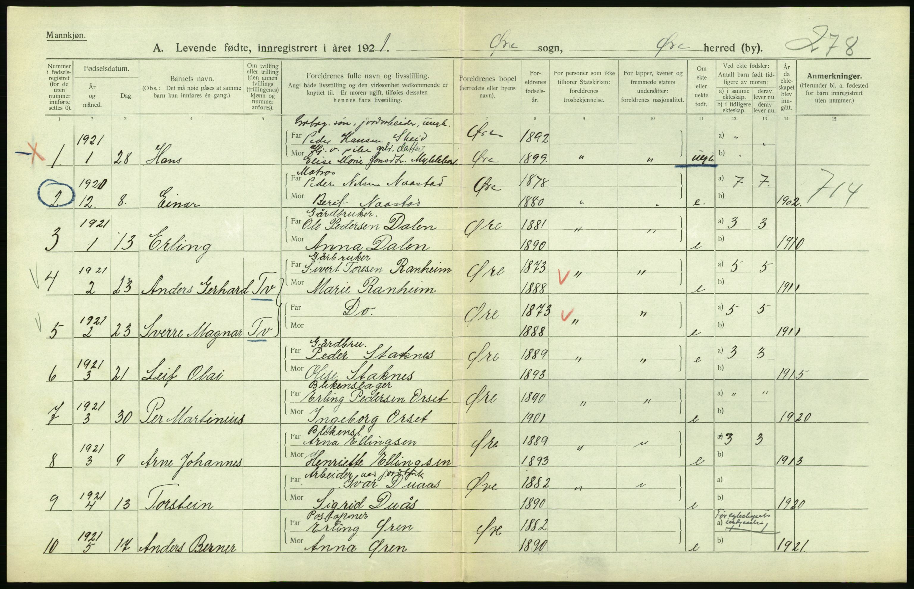 Statistisk sentralbyrå, Sosiodemografiske emner, Befolkning, RA/S-2228/D/Df/Dfc/Dfca/L0040: Møre fylke: Levendefødte menn og kvinner. Bygder., 1921, s. 560