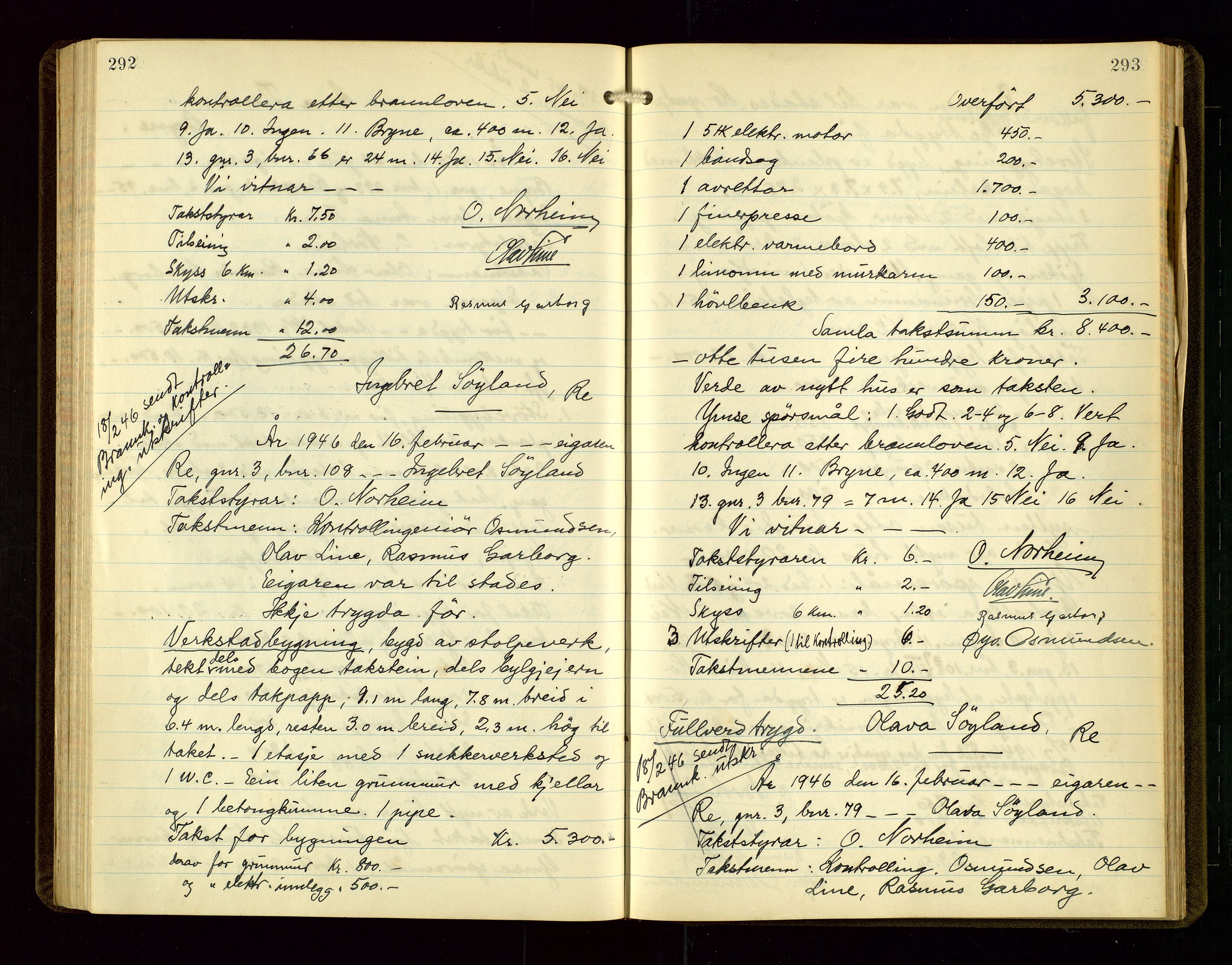 Time lensmannskontor, AV/SAST-A-100420/Goa/L0004: "Branntakstprotokoll", 1940-1947, s. 292-293