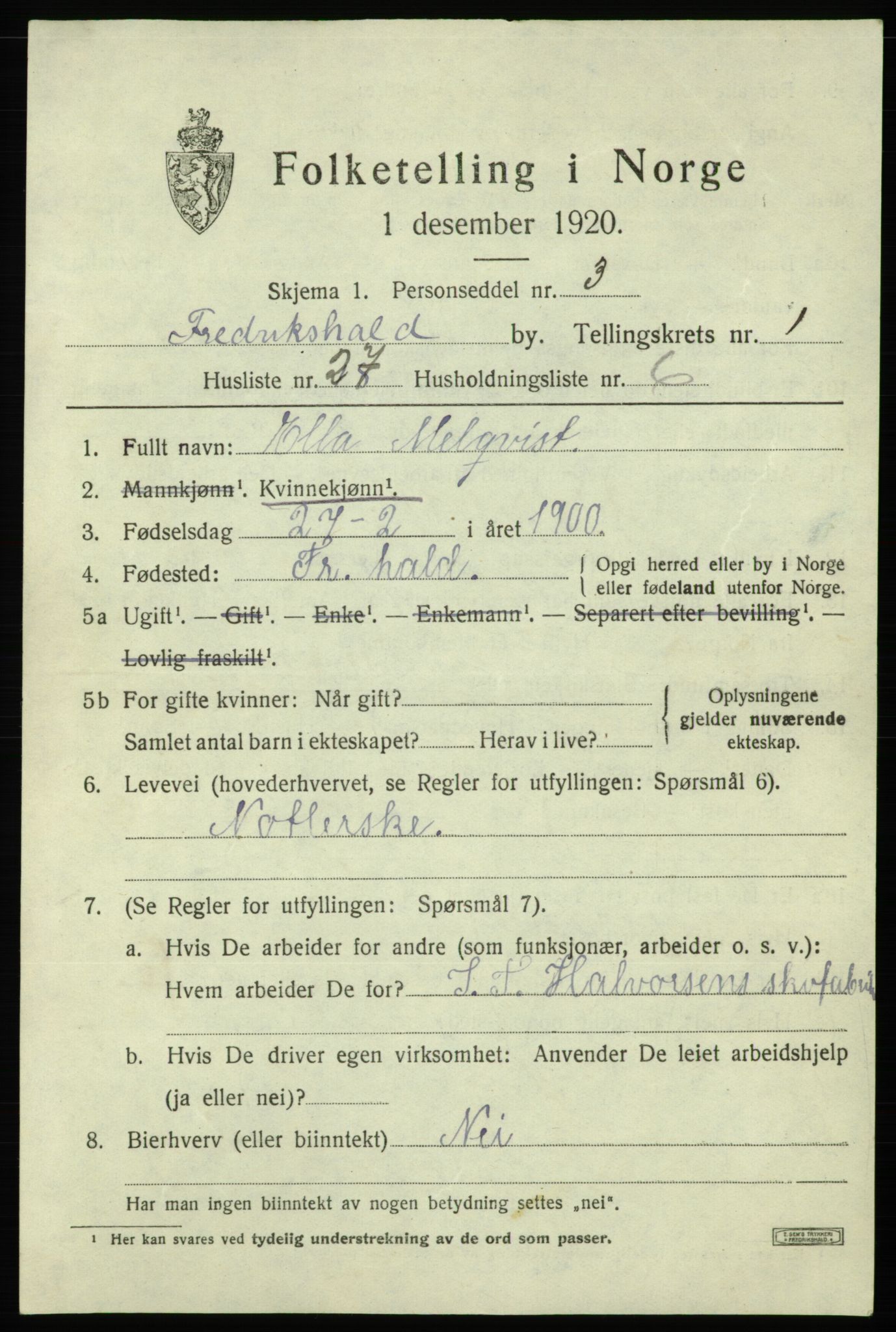 SAO, Folketelling 1920 for 0101 Fredrikshald kjøpstad, 1920, s. 8554