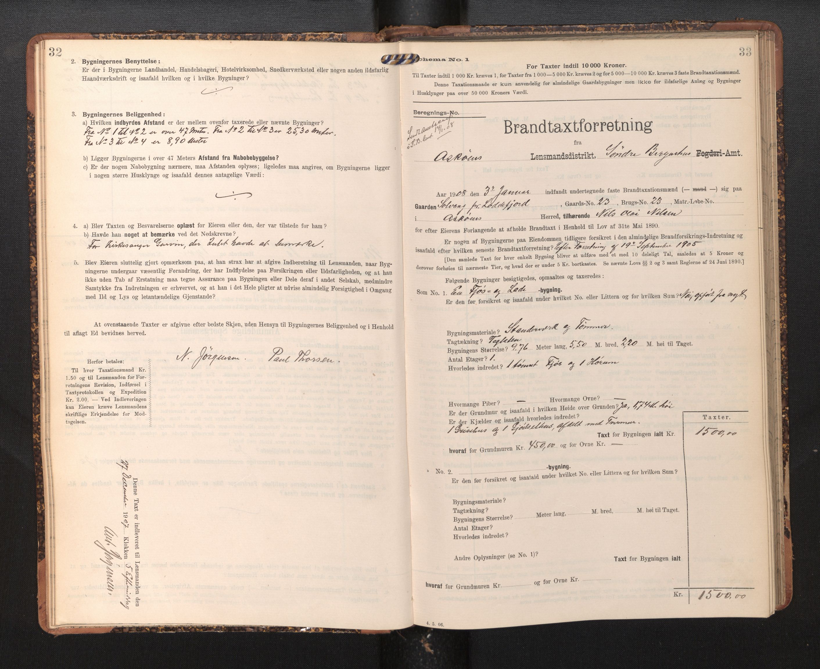 Lensmannen i Askøy, SAB/A-31001/0012/L0005: Branntakstprotokoll, skjematakst, 1907-1915, s. 32-33