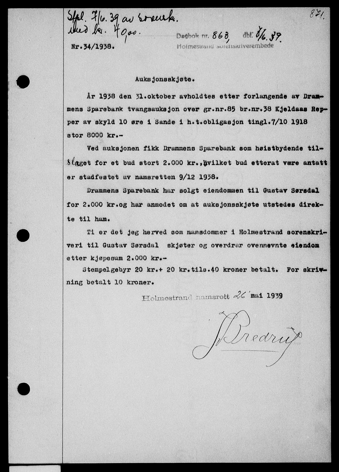 Holmestrand sorenskriveri, SAKO/A-67/G/Ga/Gaa/L0050: Pantebok nr. A-50, 1938-1939, Dagboknr: 863/1939