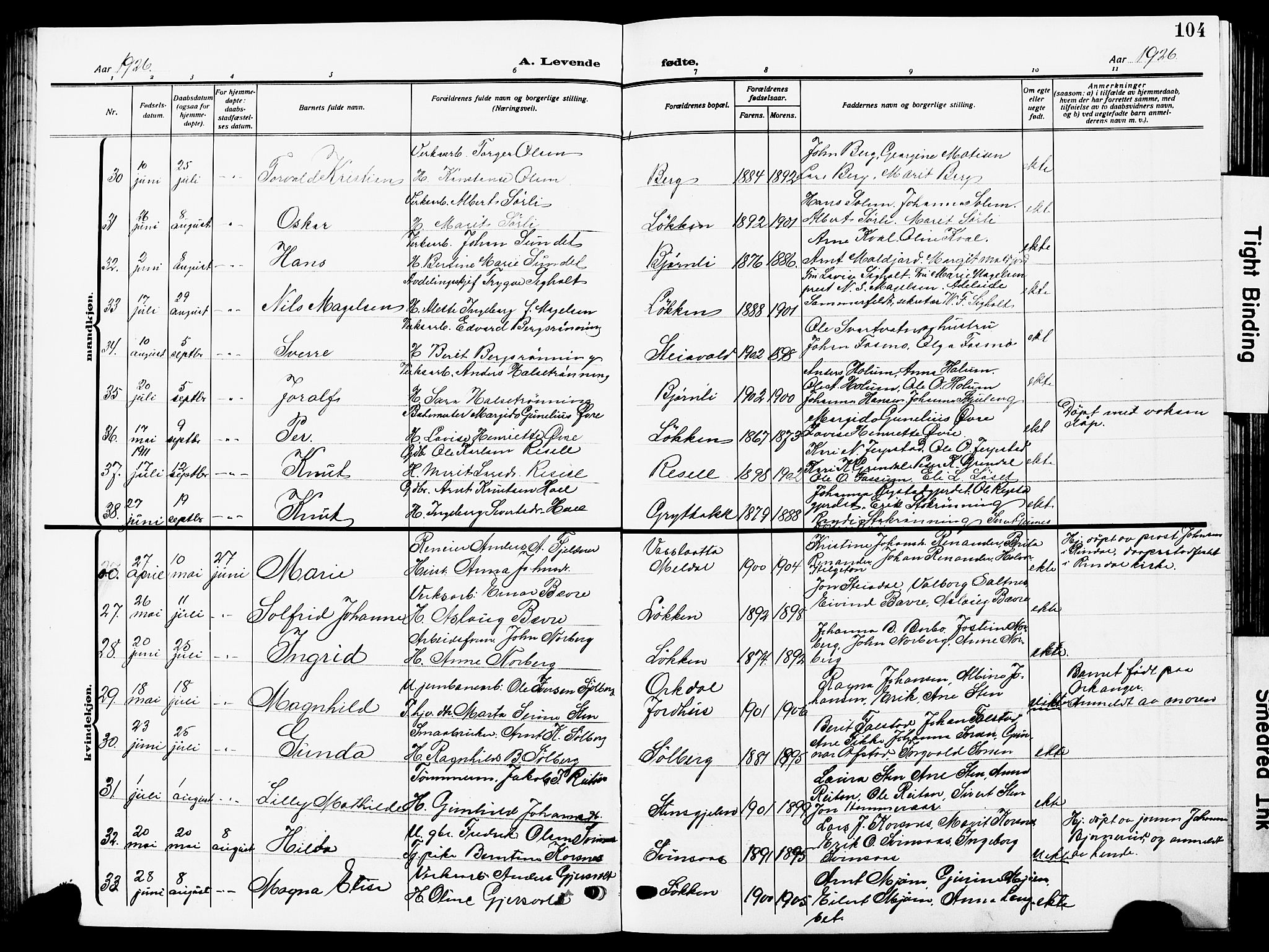 Ministerialprotokoller, klokkerbøker og fødselsregistre - Sør-Trøndelag, AV/SAT-A-1456/672/L0865: Klokkerbok nr. 672C04, 1914-1928, s. 104