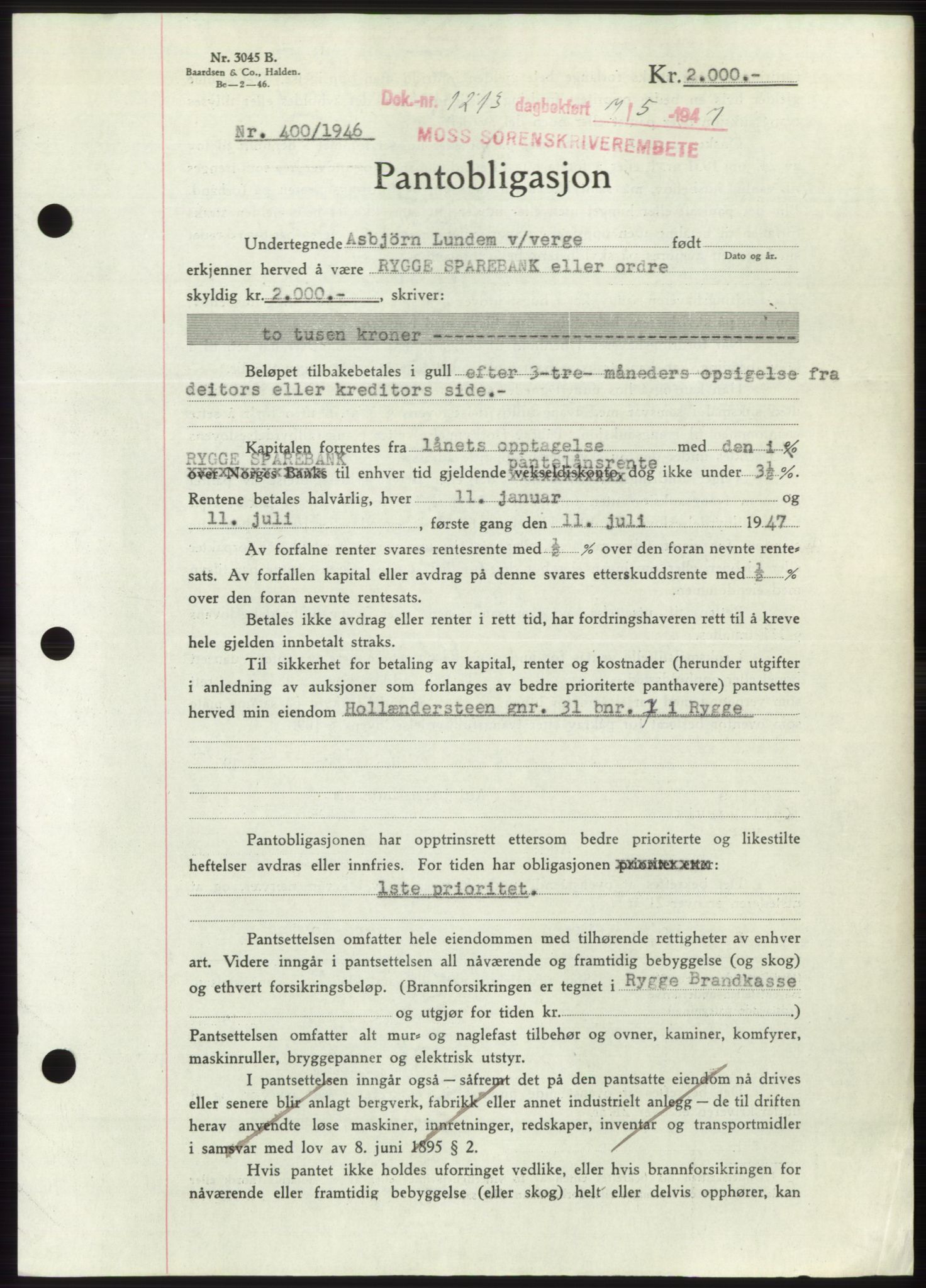 Moss sorenskriveri, SAO/A-10168: Pantebok nr. B17, 1947-1947, Dagboknr: 1213/1947