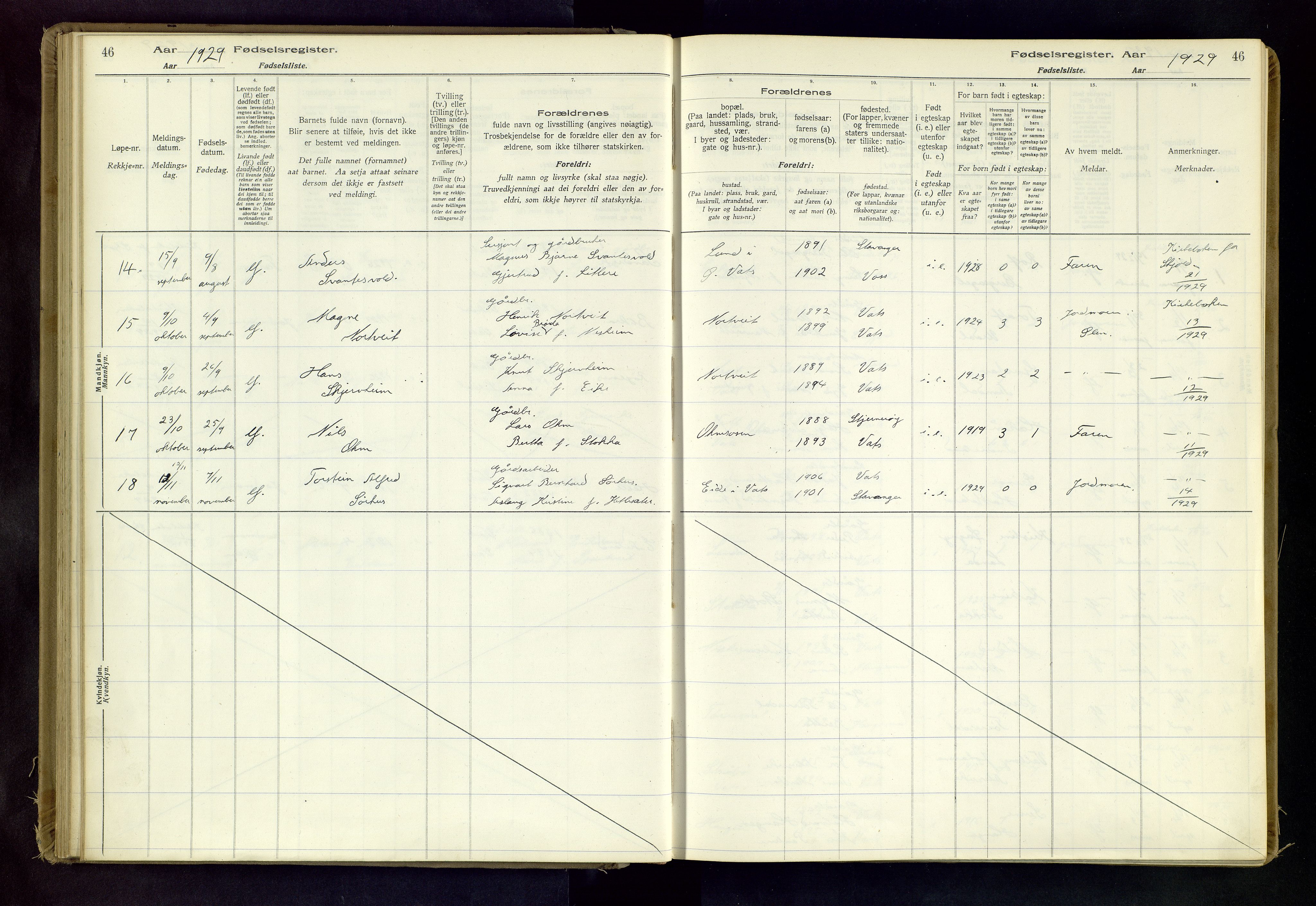 Skjold sokneprestkontor, AV/SAST-A-101847/I/Id/L0003: Fødselsregister nr. 3, 1917-1982, s. 46