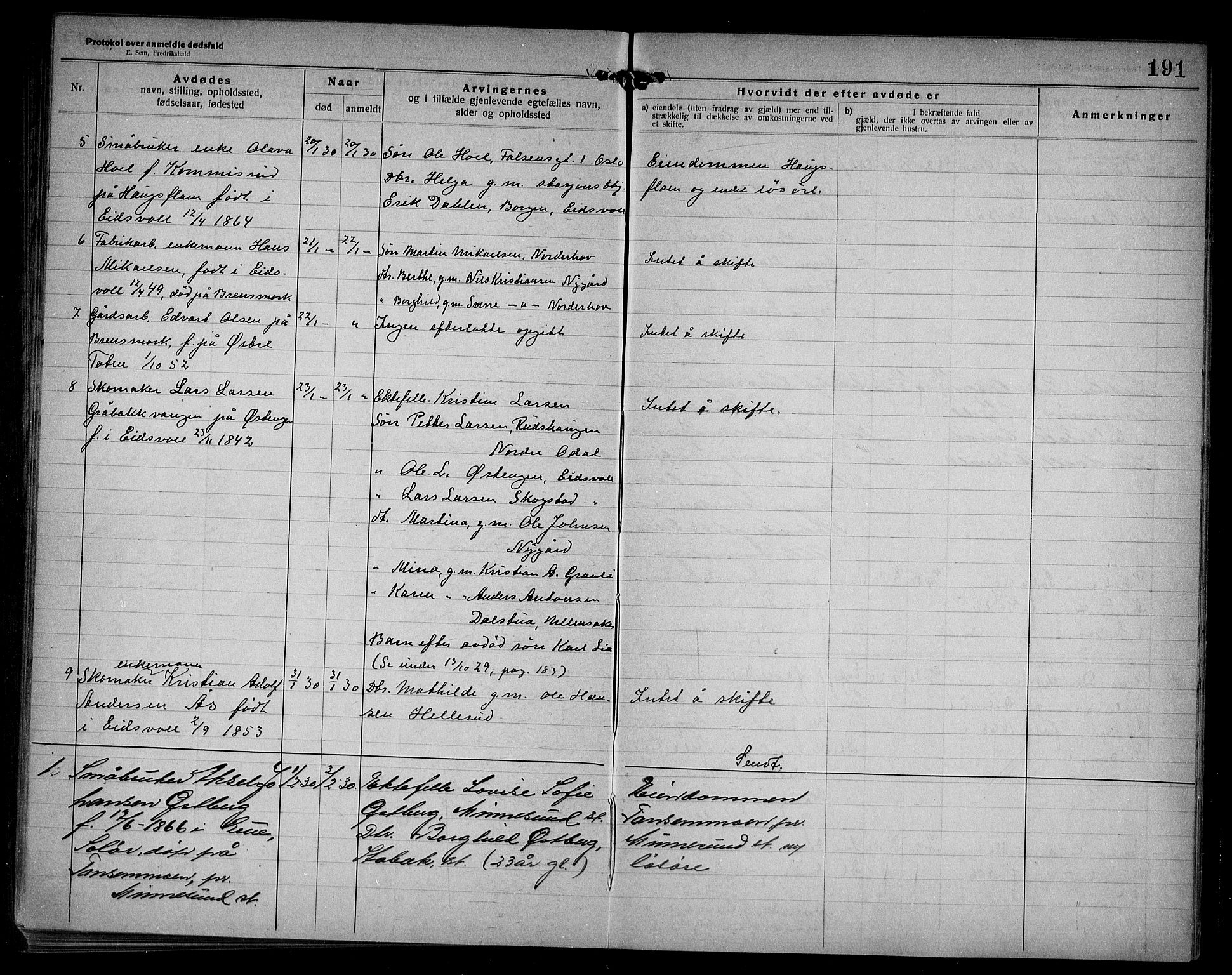 Eidsvoll lensmannskontor, AV/SAO-A-10266a/H/Ha/Haa/L0005: Dødsfallprotokoll, 1921-1930, s. 191