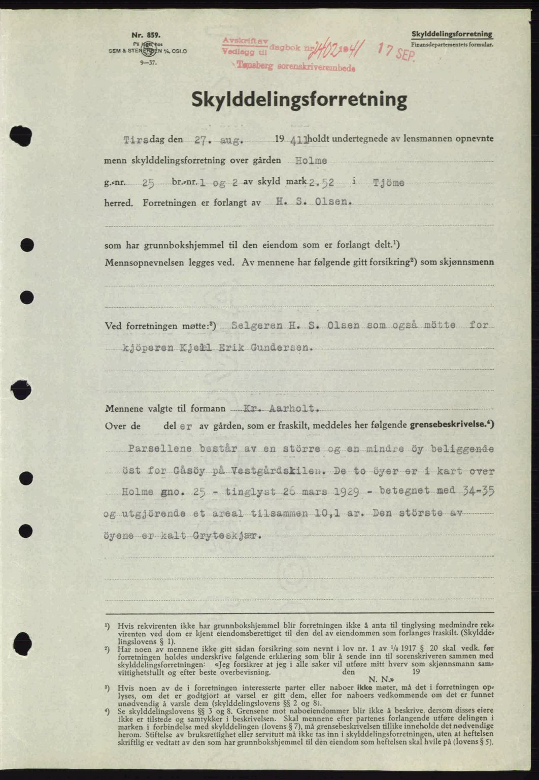 Tønsberg sorenskriveri, AV/SAKO-A-130/G/Ga/Gaa/L0010: Pantebok nr. A10, 1941-1941, Dagboknr: 2402/1941