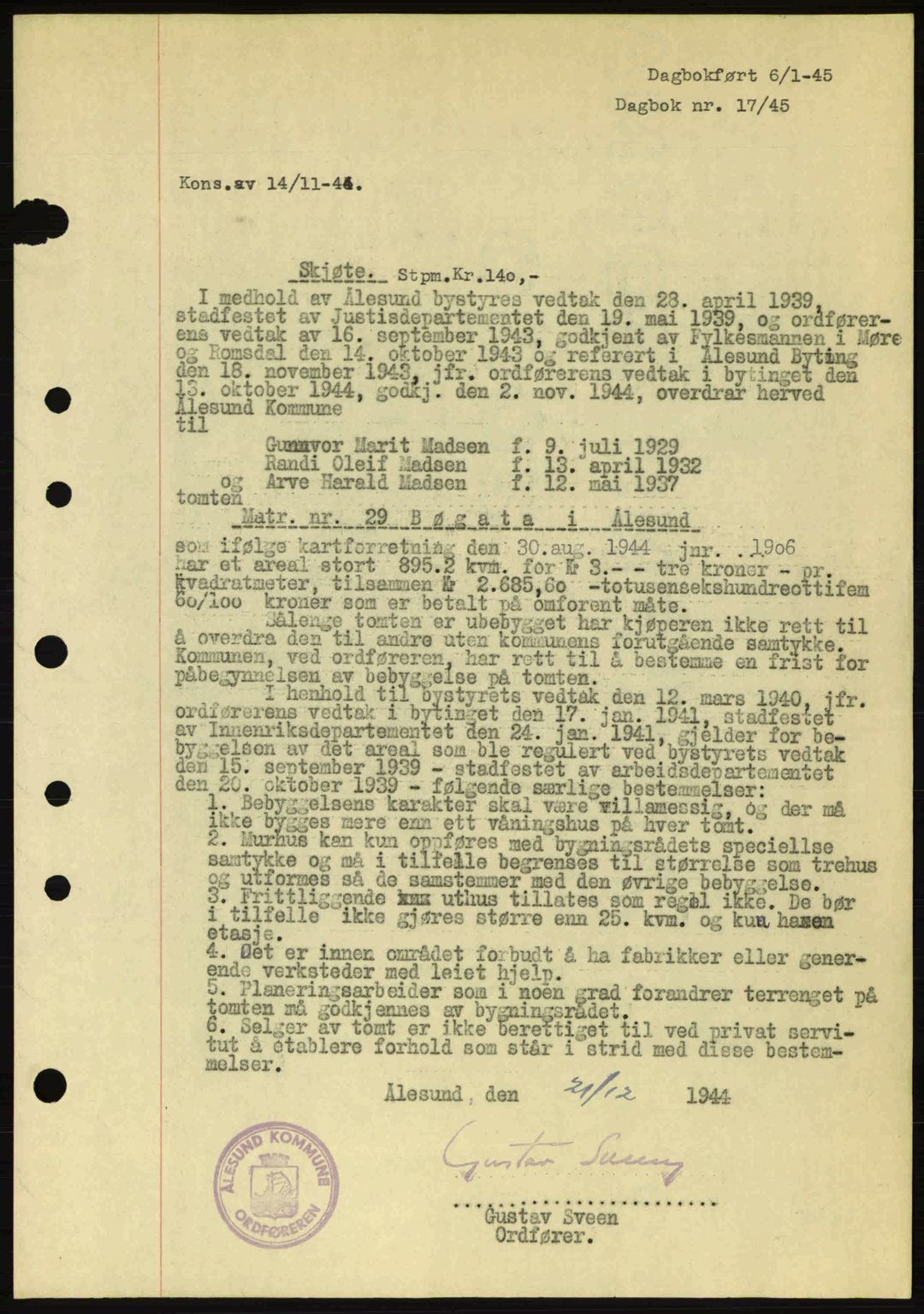 Ålesund byfogd, AV/SAT-A-4384: Pantebok nr. 36a, 1944-1945, Dagboknr: 17/1945