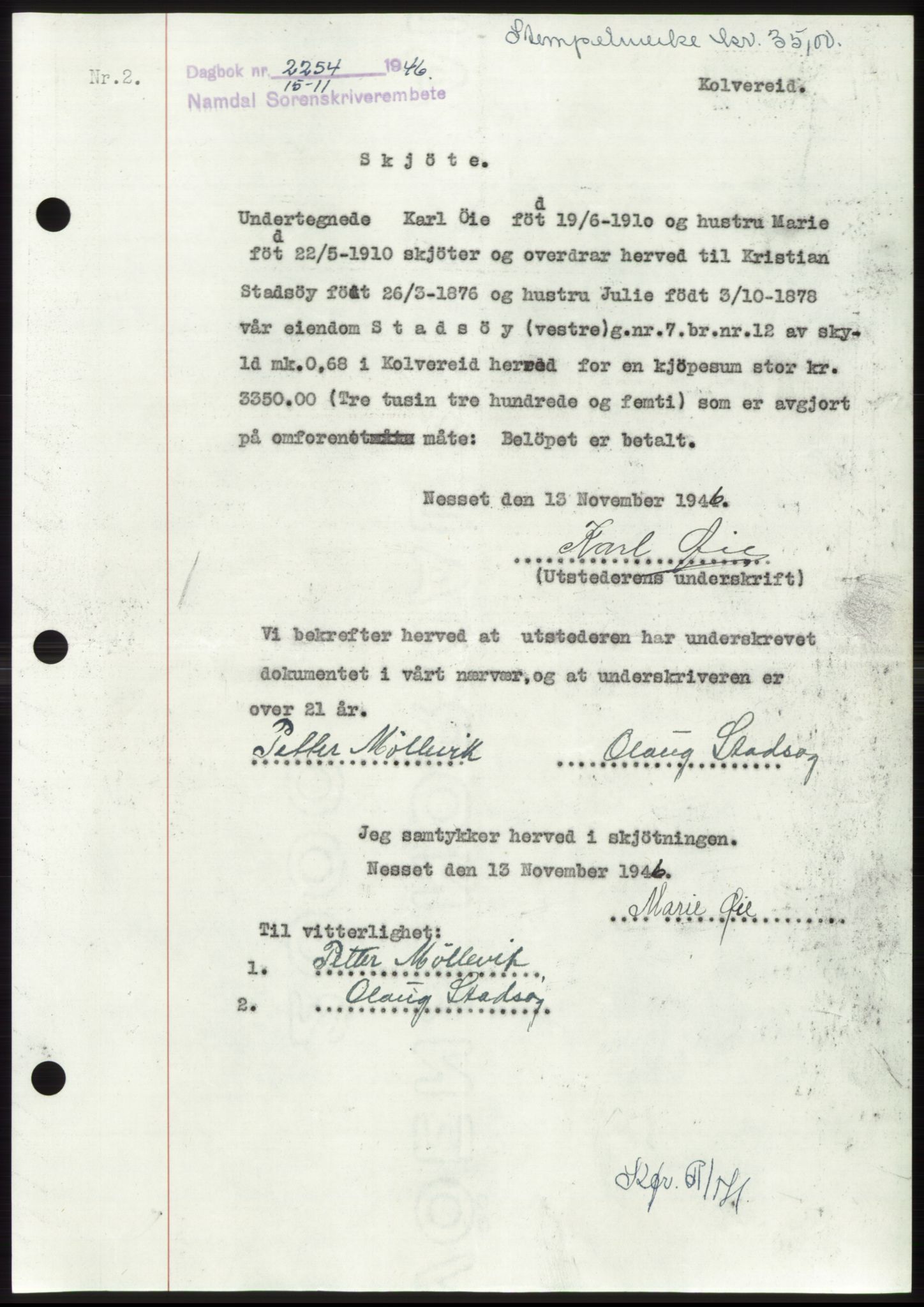 Namdal sorenskriveri, SAT/A-4133/1/2/2C: Pantebok nr. -, 1946-1947, Dagboknr: 2254/1946