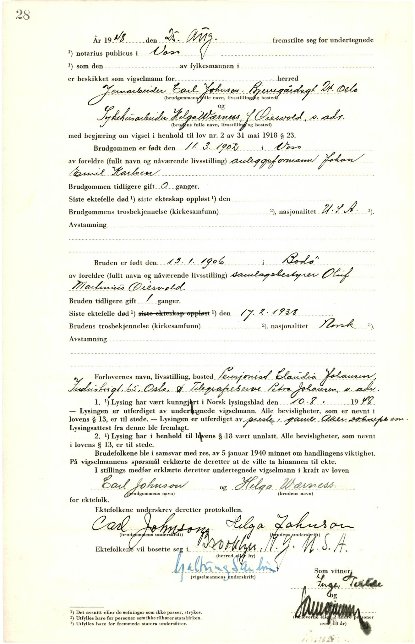Voss sorenskrivar, AV/SAB-A-2701/M/Maa/L0003: Vigselbok, 1945-1969, s. 28