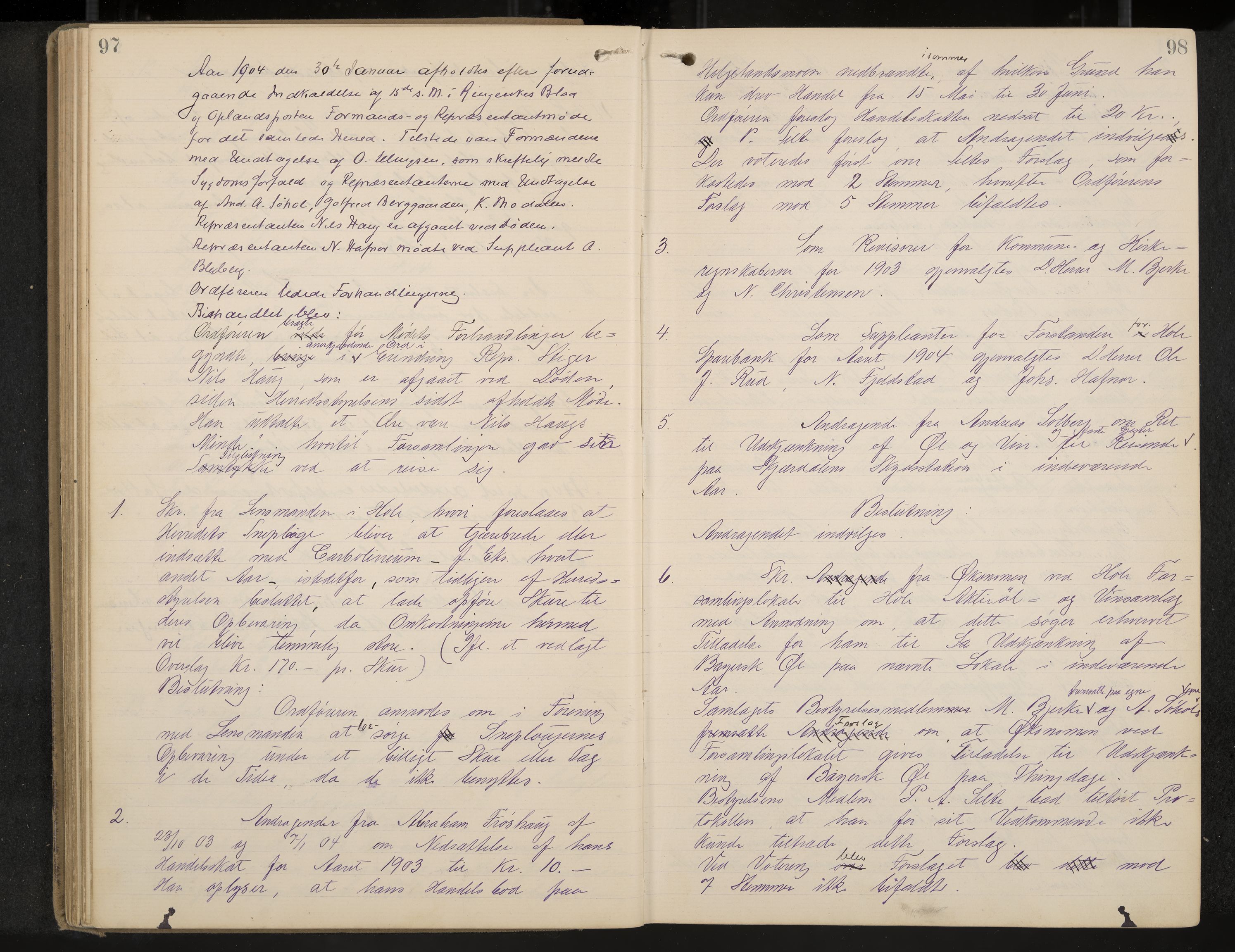 Hole formannskap og sentraladministrasjon, IKAK/0612021-1/A/Aa/L0004: Møtebok med register, 1902-1910, s. 97-98