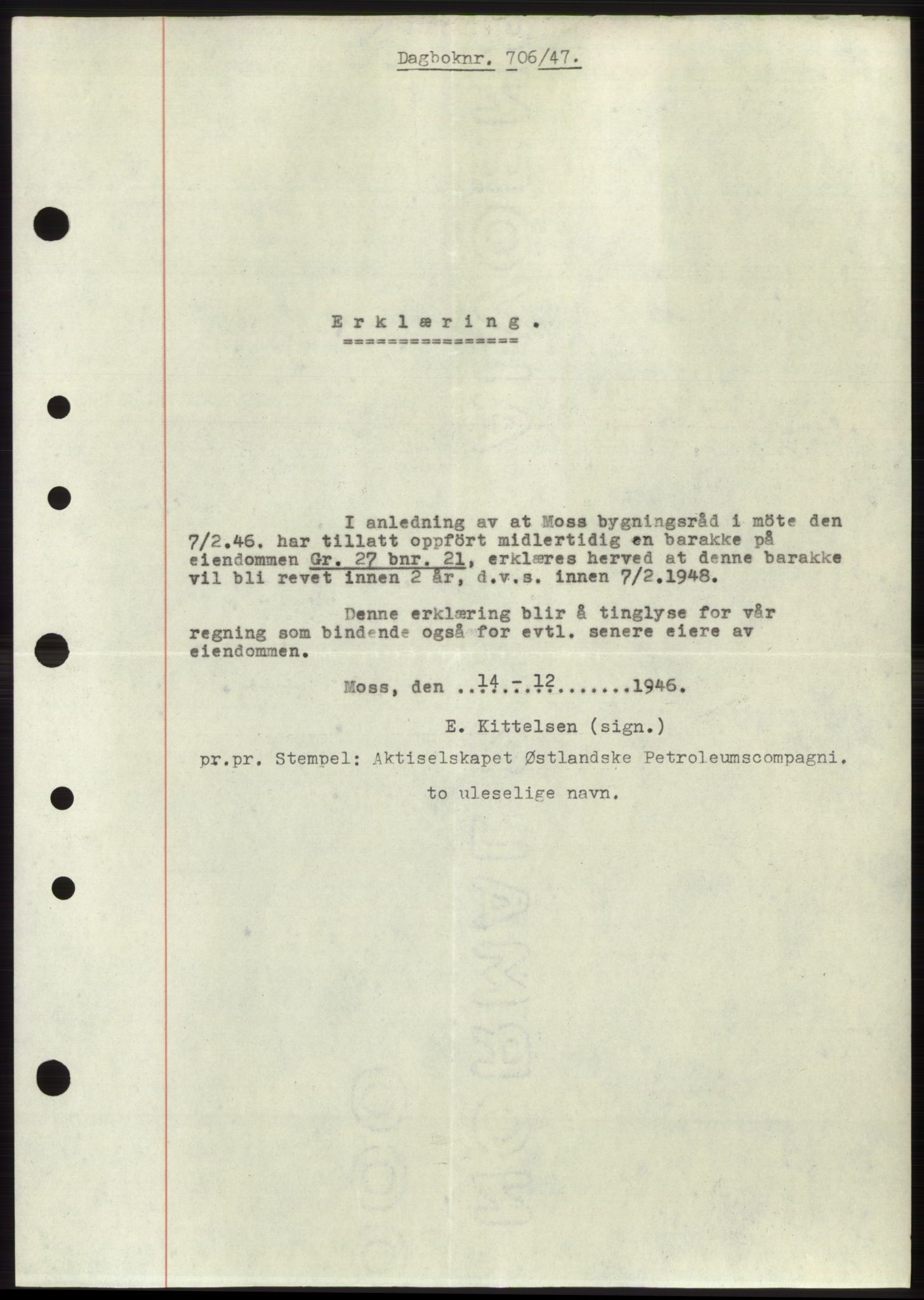 Moss sorenskriveri, SAO/A-10168: Pantebok nr. B16, 1946-1947, Dagboknr: 706/1947