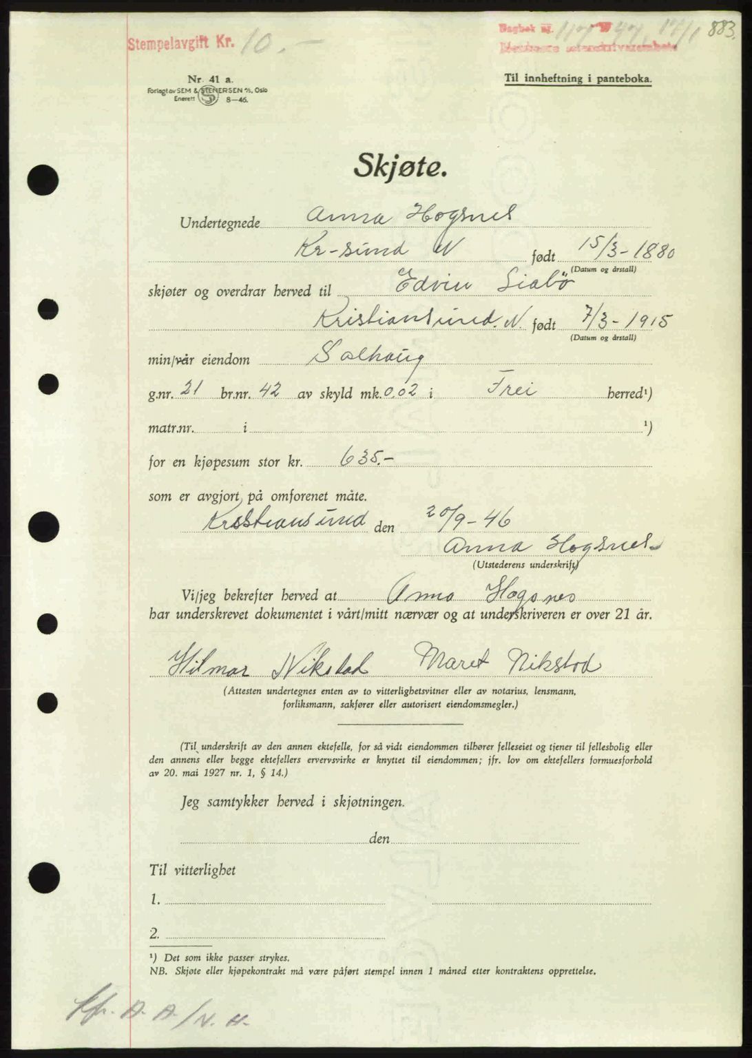 Nordmøre sorenskriveri, AV/SAT-A-4132/1/2/2Ca: Pantebok nr. A103, 1946-1947, Dagboknr: 117/1947