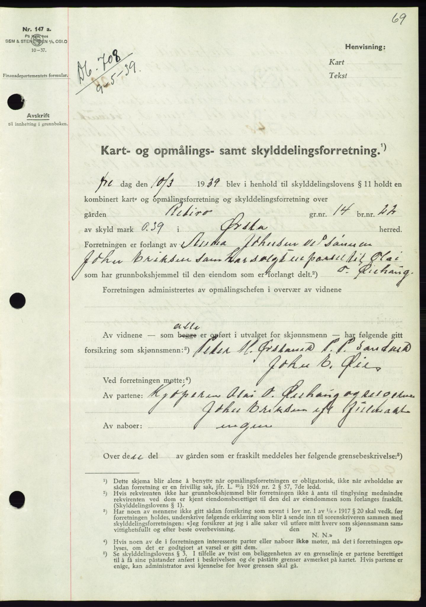 Søre Sunnmøre sorenskriveri, AV/SAT-A-4122/1/2/2C/L0068: Pantebok nr. 62, 1939-1939, Dagboknr: 708/1939