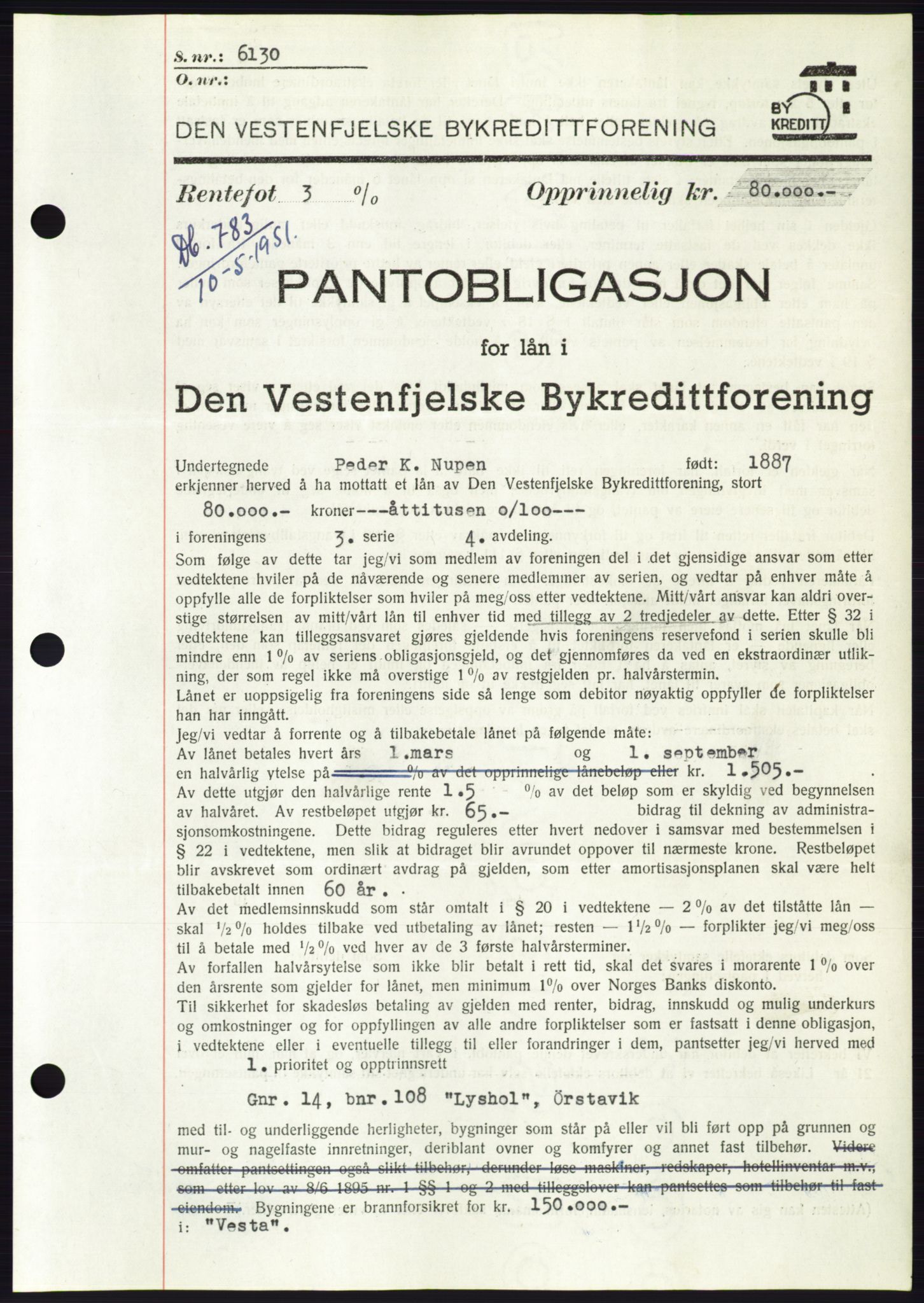 Søre Sunnmøre sorenskriveri, AV/SAT-A-4122/1/2/2C/L0120: Pantebok nr. 8B, 1951-1951, Dagboknr: 783/1951