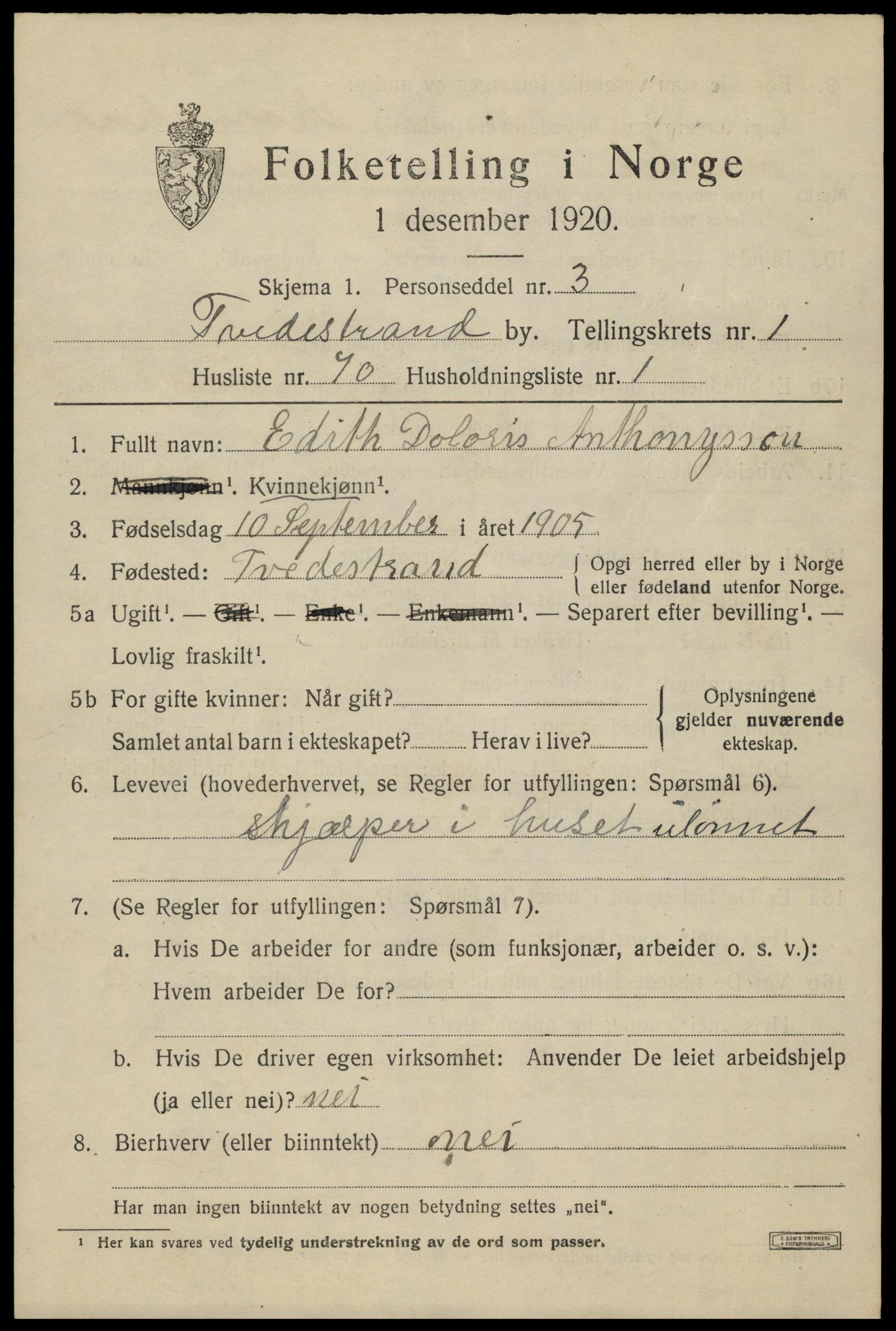 SAK, Folketelling 1920 for 0902 Tvedestrand ladested, 1920, s. 2107