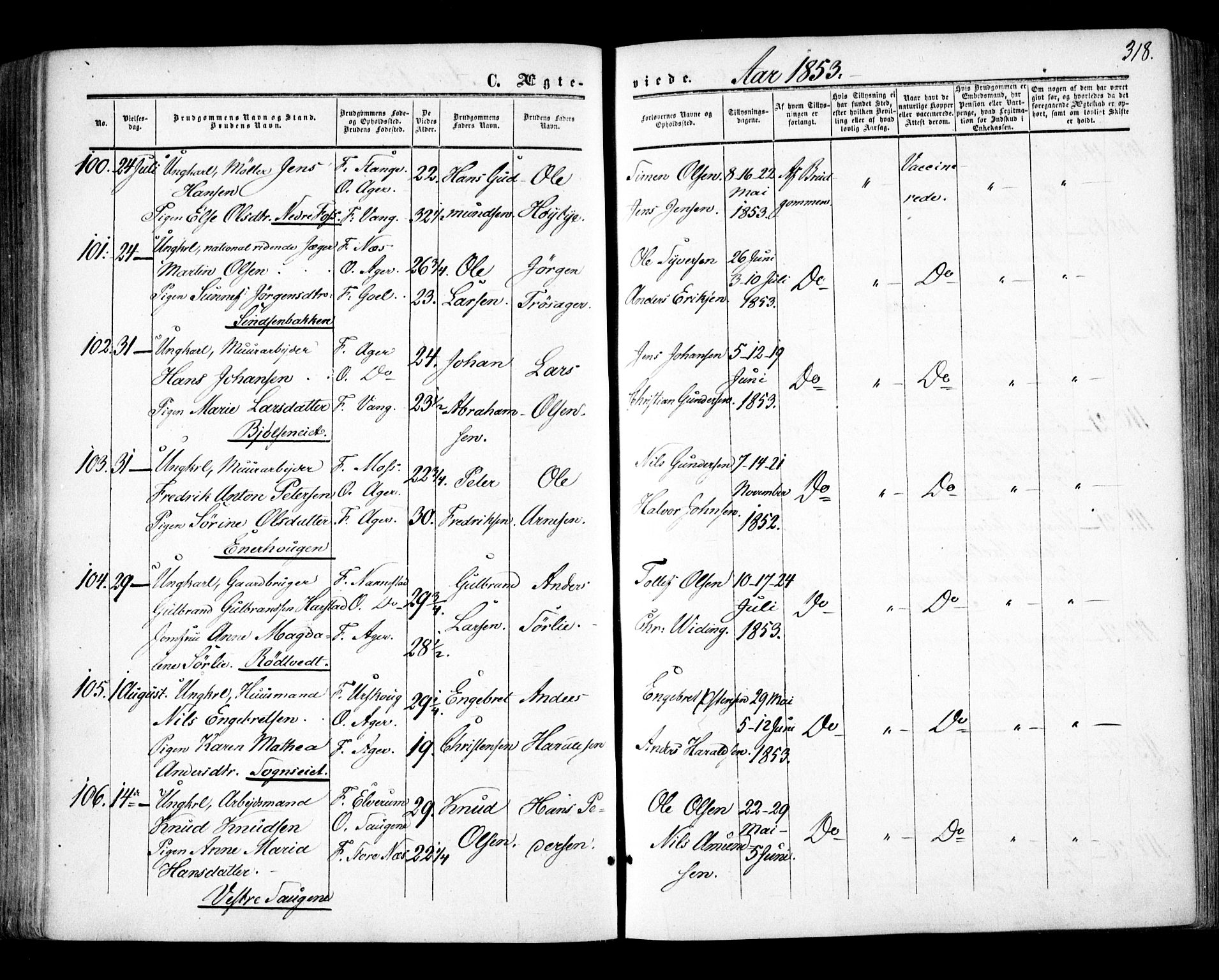Aker prestekontor kirkebøker, AV/SAO-A-10861/F/L0020: Ministerialbok nr. 20, 1853-1857, s. 318