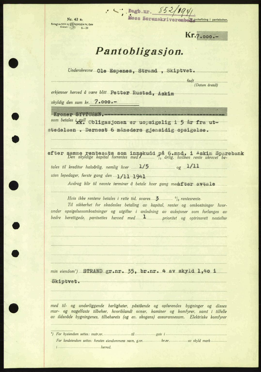 Moss sorenskriveri, SAO/A-10168: Pantebok nr. B10, 1940-1941, Dagboknr: 852/1941