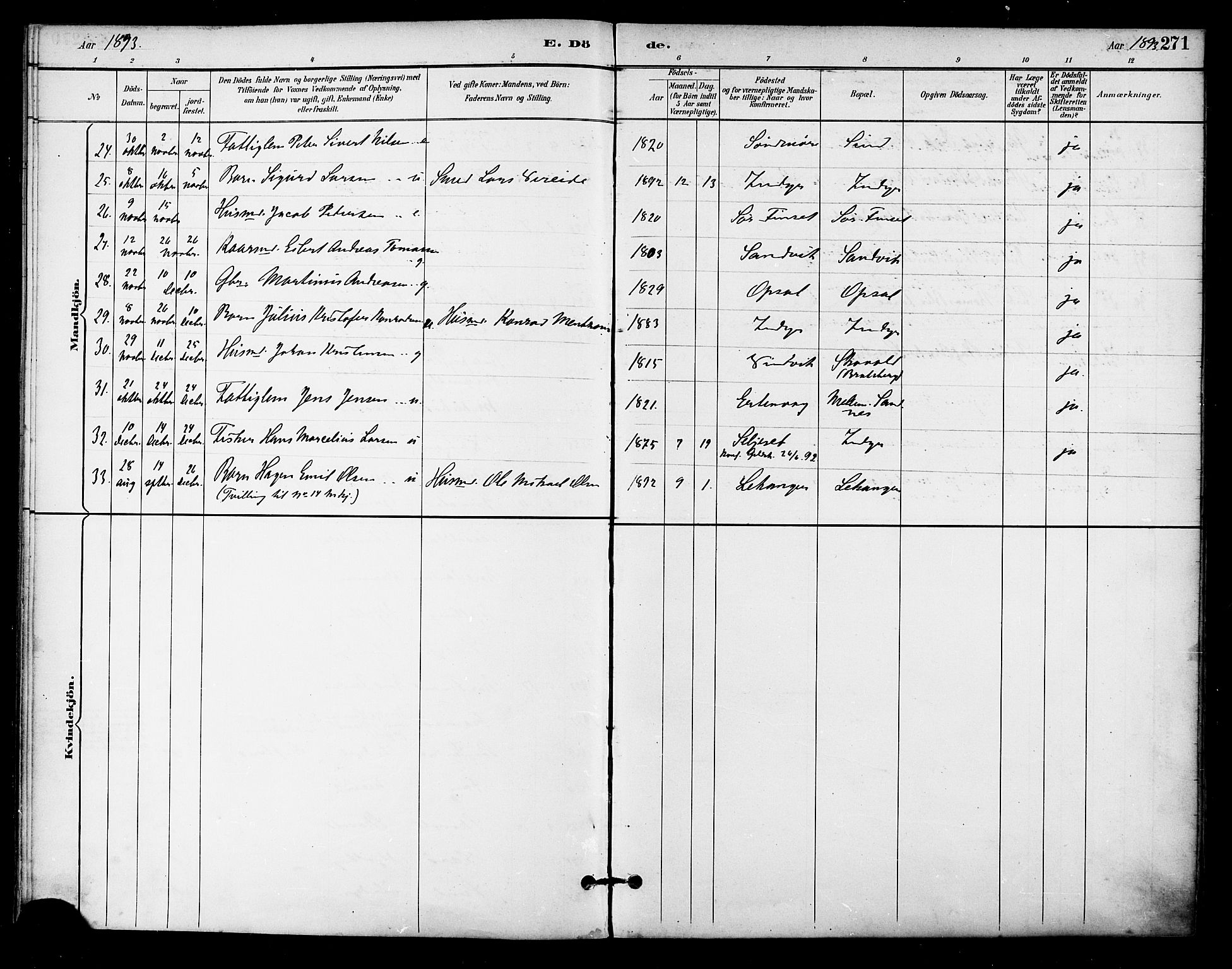 Ministerialprotokoller, klokkerbøker og fødselsregistre - Nordland, AV/SAT-A-1459/805/L0101: Ministerialbok nr. 805A07, 1892-1899, s. 271