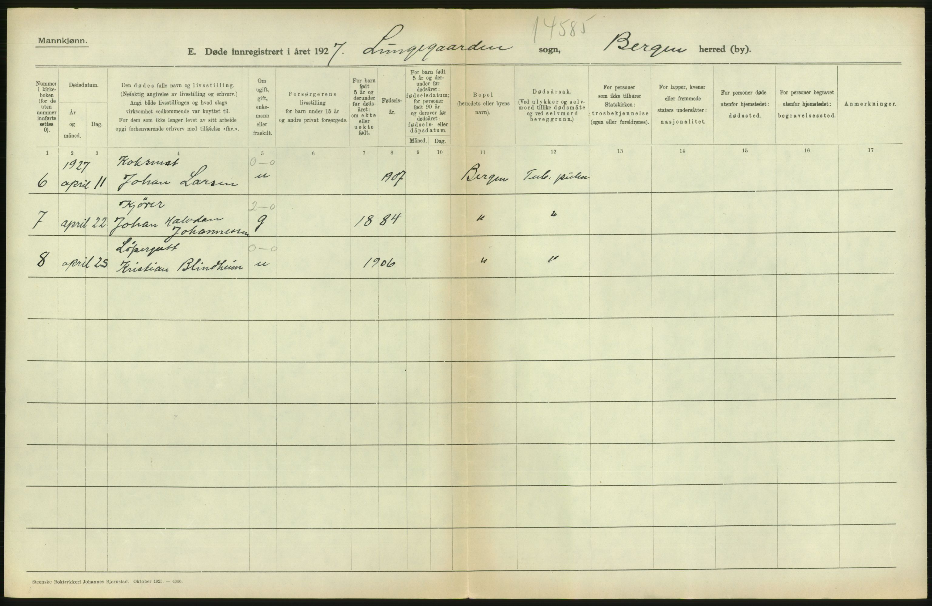 Statistisk sentralbyrå, Sosiodemografiske emner, Befolkning, AV/RA-S-2228/D/Df/Dfc/Dfcg/L0028: Bergen: Gifte, døde., 1927, s. 624