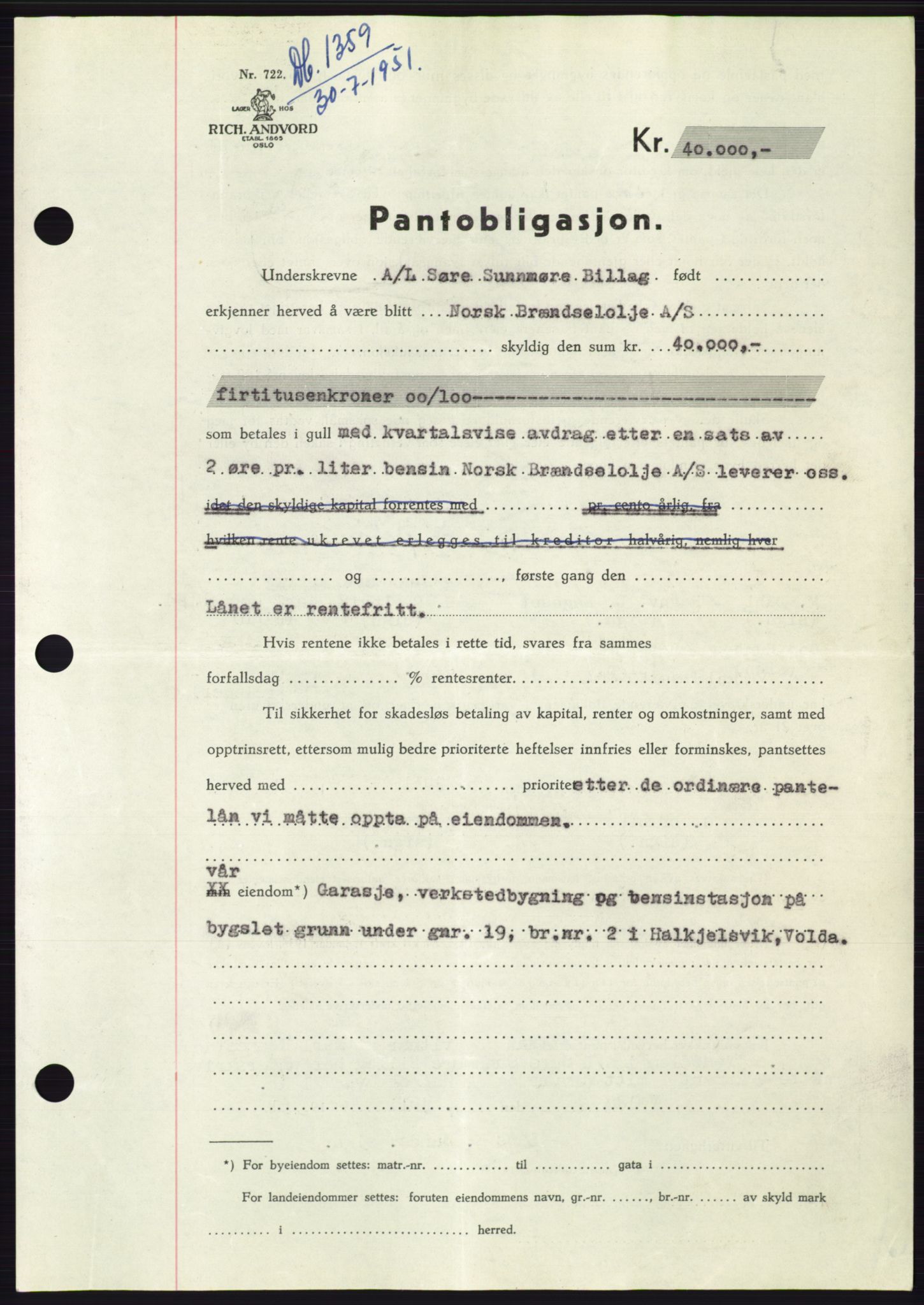 Søre Sunnmøre sorenskriveri, SAT/A-4122/1/2/2C/L0120: Pantebok nr. 8B, 1951-1951, Dagboknr: 1359/1951