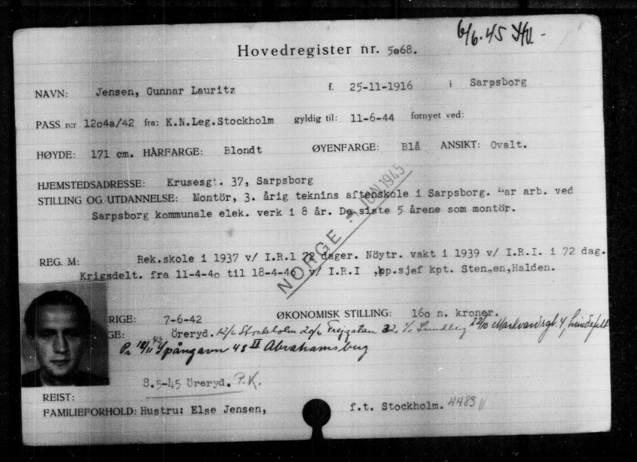 Utenriksstasjonene, Legasjonen i Stockholm, Flyktningkontoret, AV/RA-S-6753/V/Va/L0004: Kjesäterkartoteket, flyktninger med registreringsnr. 3496-6610, 1940-1945, s. 1858