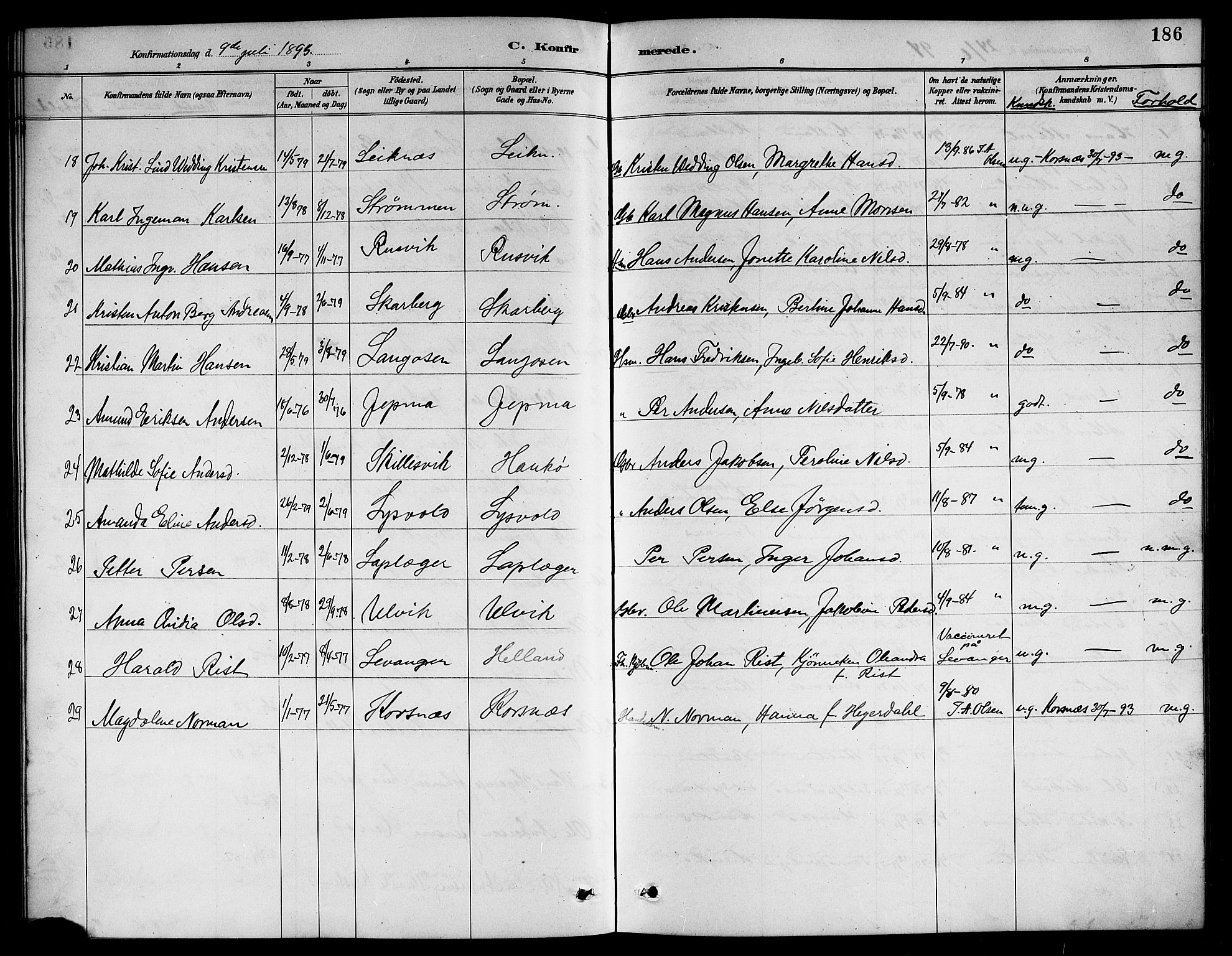 Ministerialprotokoller, klokkerbøker og fødselsregistre - Nordland, AV/SAT-A-1459/861/L0876: Klokkerbok nr. 861C02, 1887-1903, s. 186