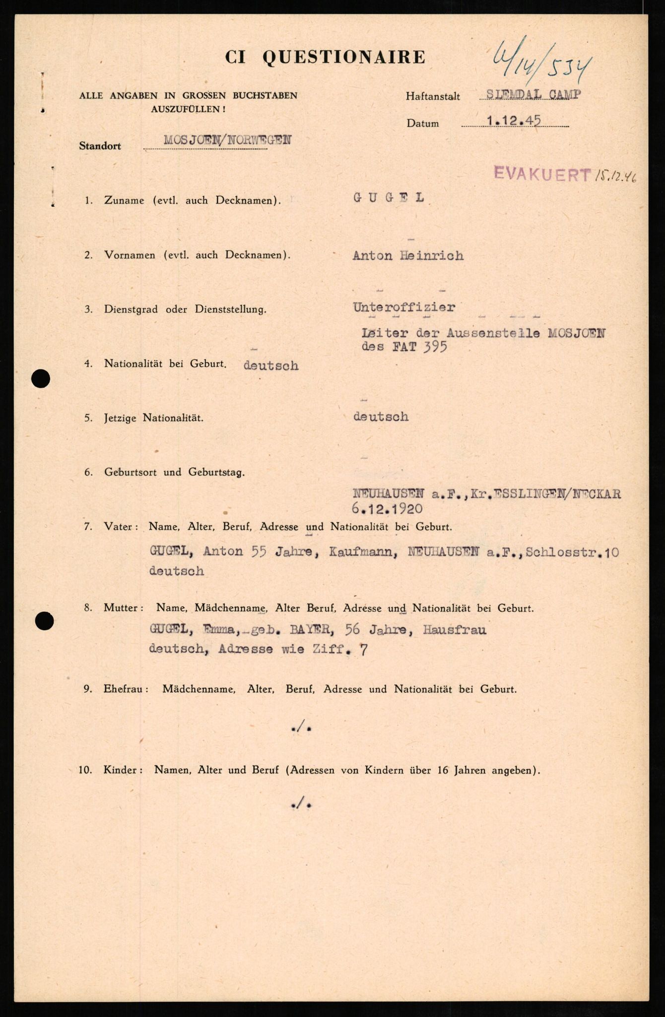 Forsvaret, Forsvarets overkommando II, AV/RA-RAFA-3915/D/Db/L0010: CI Questionaires. Tyske okkupasjonsstyrker i Norge. Tyskere., 1945-1946, s. 621